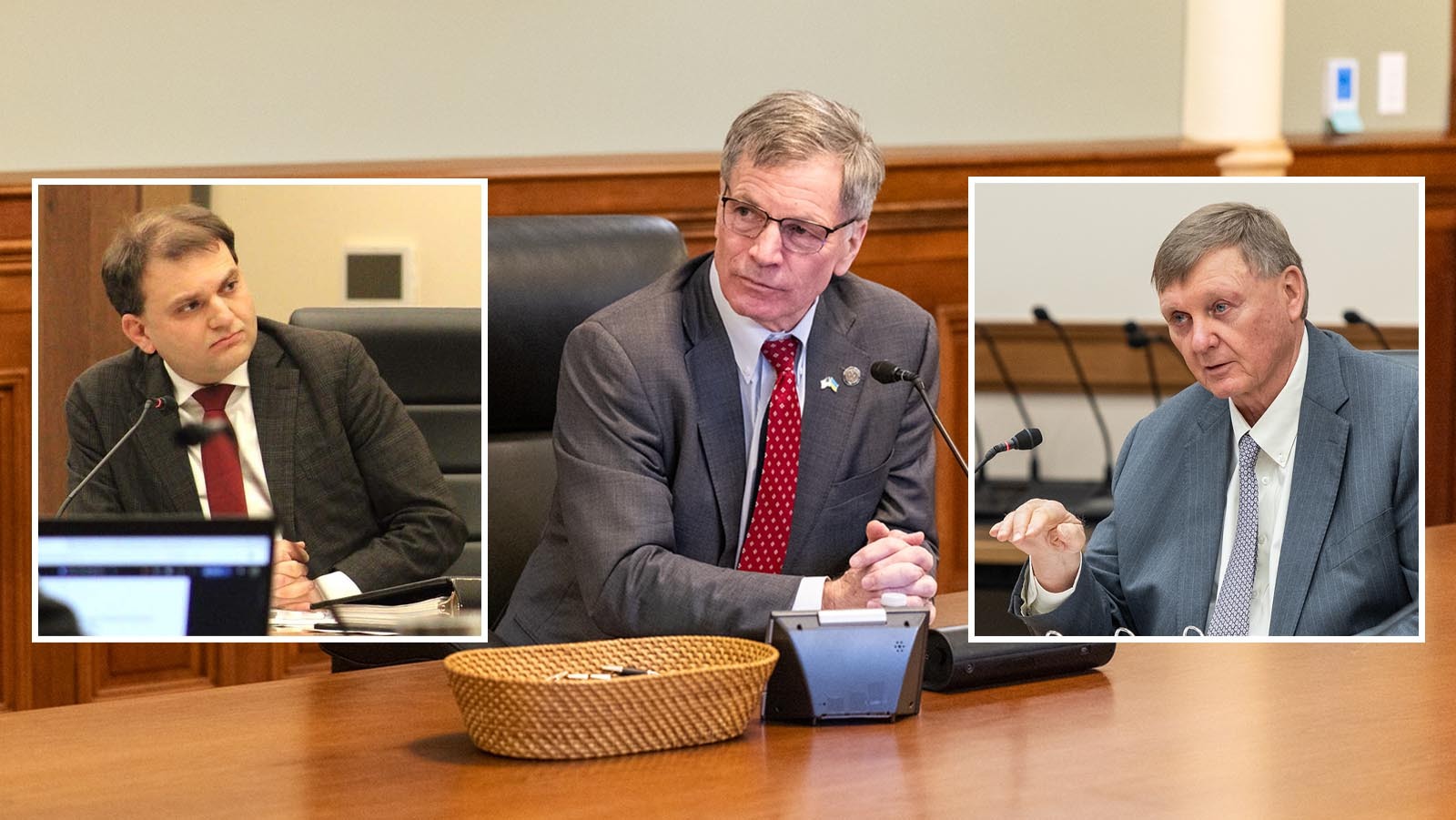 Secretary of State Chuck Gray, from left, Gov. Mark Gordon, and State Treasurer Curt Meier.
