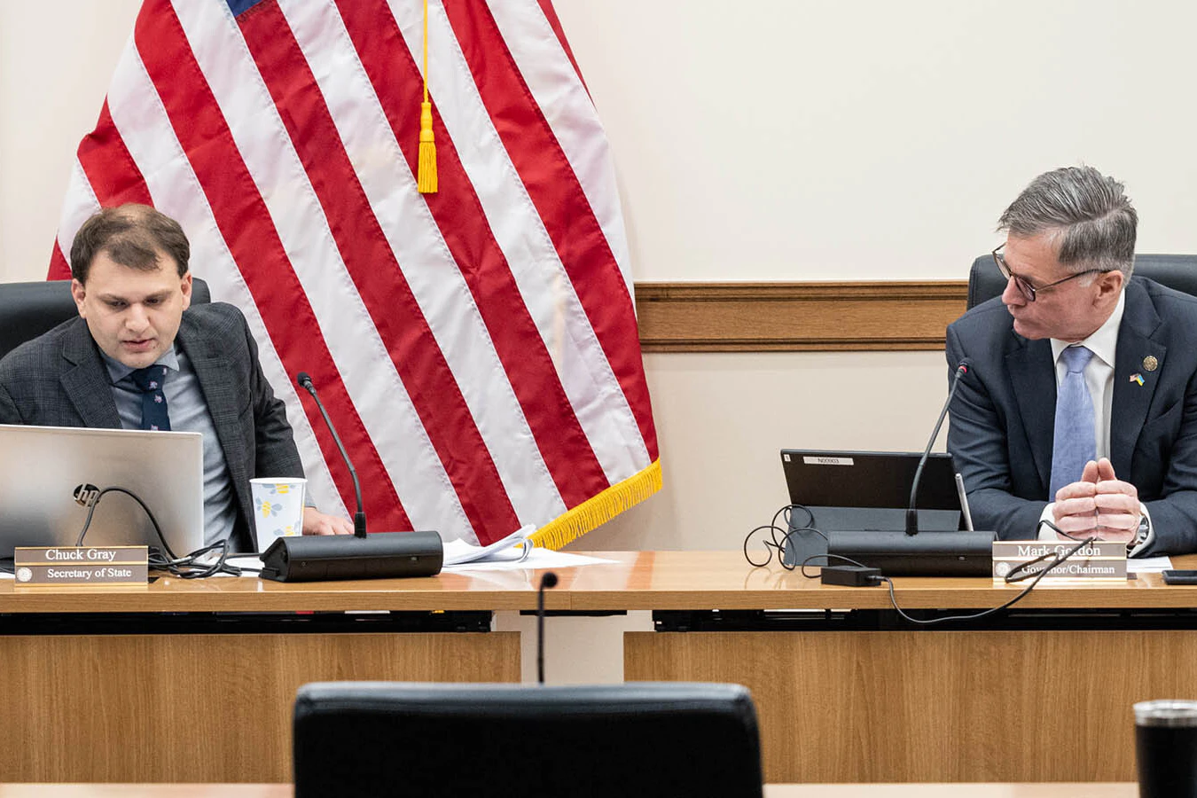 Secretary of State Chuck Gray, left, and Gov. Mark Gordon.