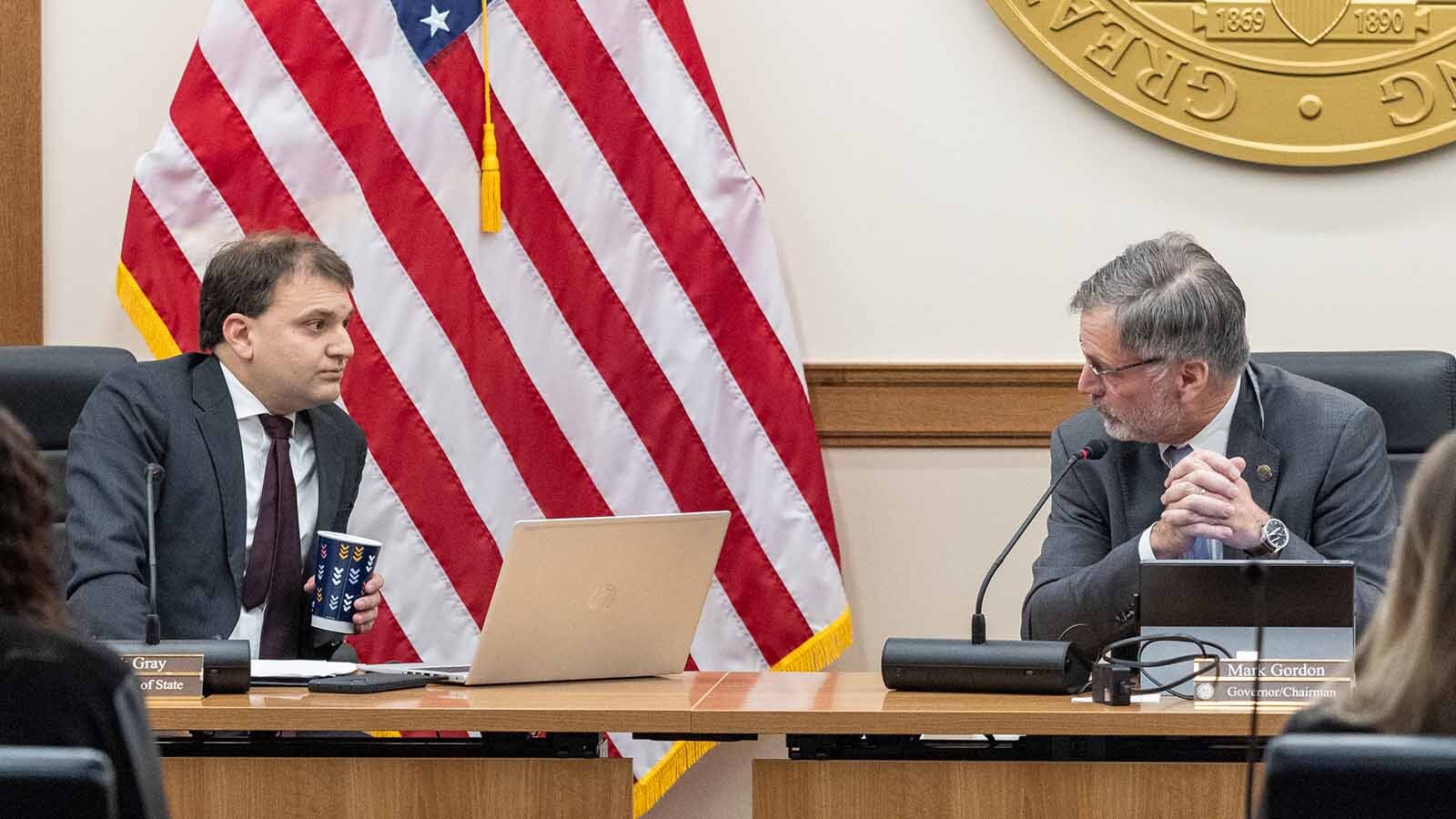 Gov. Mark Gordon apologized to Secretary of State Chuck Gray this week for telling Gray to “shut up” last week, calling for more formality at meetings from now on. It’s the latest in a long-running feud between the governor and secretary of state. They're seen here in a file photo.