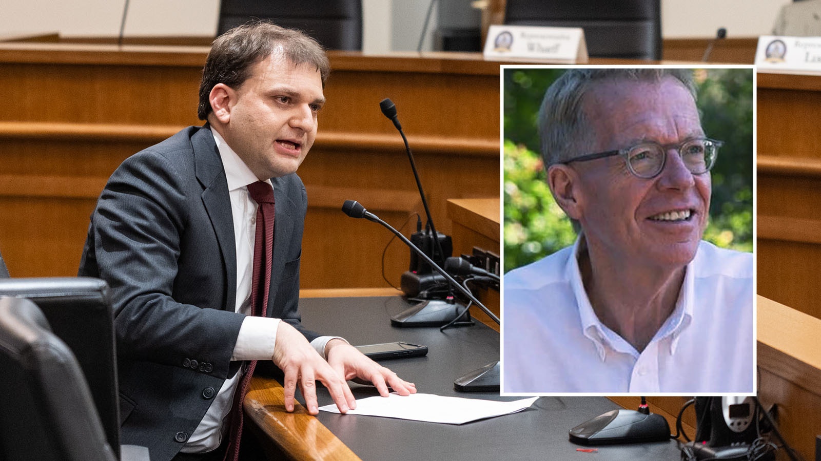 Wyoming Secretary of State Chuck Gray, left, says an attempt by a retired lawyer to have him removed from office is “outrageous.” The lawyer, Tim Newcomb (inset), says Gray’s a bully who riled up “his MAGA goons” against him.