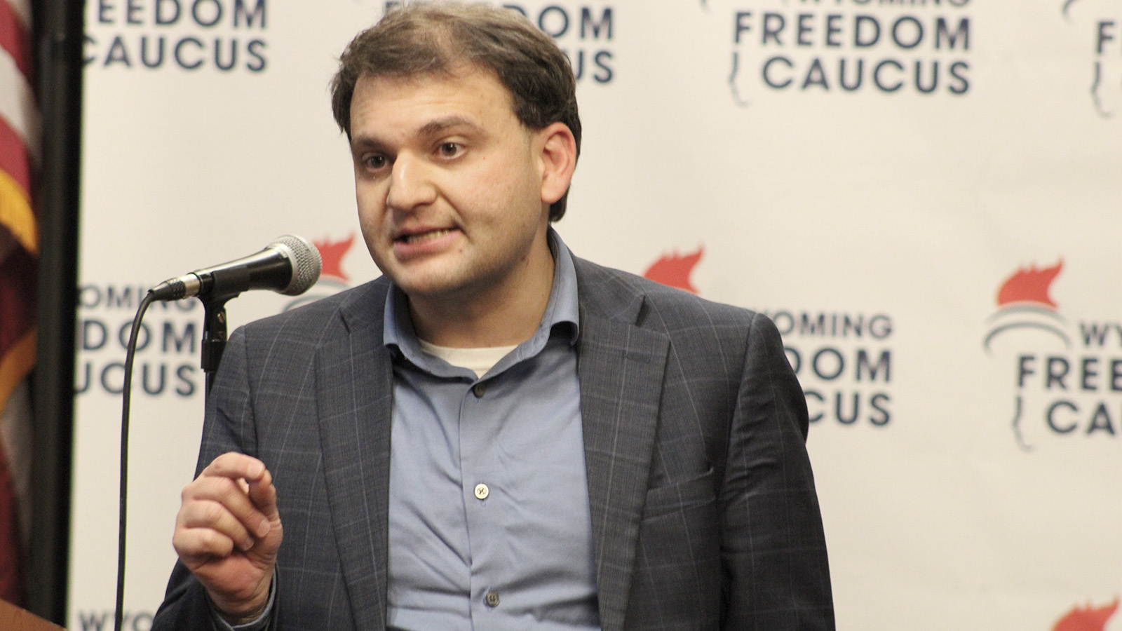 Wyoming Secretary of State Chuck Gray at Saturday's meeting of the Wyoming Freedom Caucus.