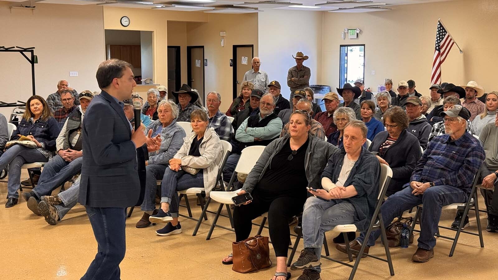 Secretary of State Chuck Gray speaks to a crowd of more than 100 people Wednesday,May 21, 2025, at the Niobrara County Fairgrounds in Lusk. Most there indicated they are against a pair of large wind projects proposed for the area.