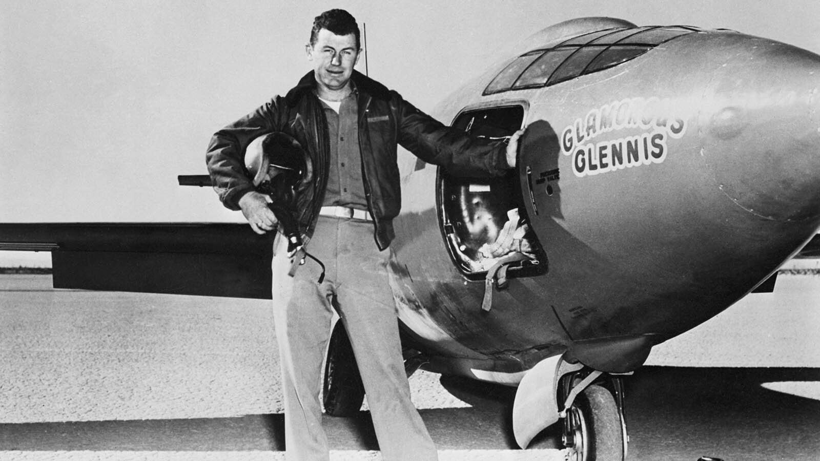 Capt. Chuck Yeager standing next to the Air Force's Bell X-1 supersonic research aircraft at Muroc Army Air Force Base, California, October 1947. Yeager named it the Glamorous Glennis after his wife. He became the first man to fly faster than the speed of sound Oct. 14, 1947.