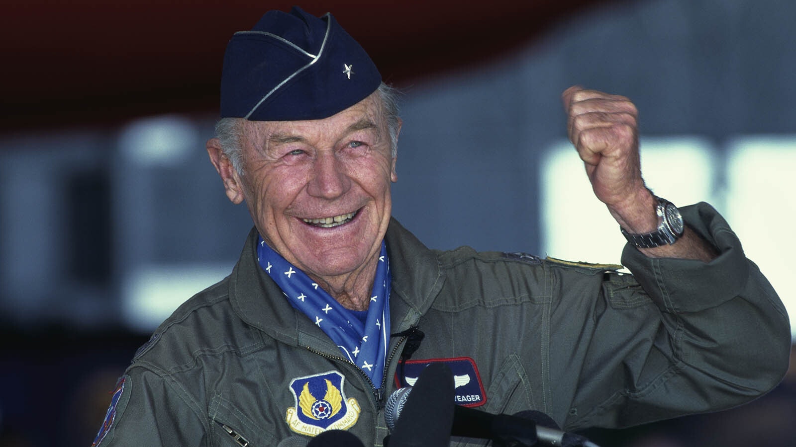 Chuck Yeager during a press conference at Edwards Air Force Base during the 50th anniversary celebration of his Oct. 14, 1947, Bell X-1 flight, in which he became the first man to break the sound barrier. Yeager again flew at the speed of sound, only this time in a McDonnell Douglas F-15 Eagle.