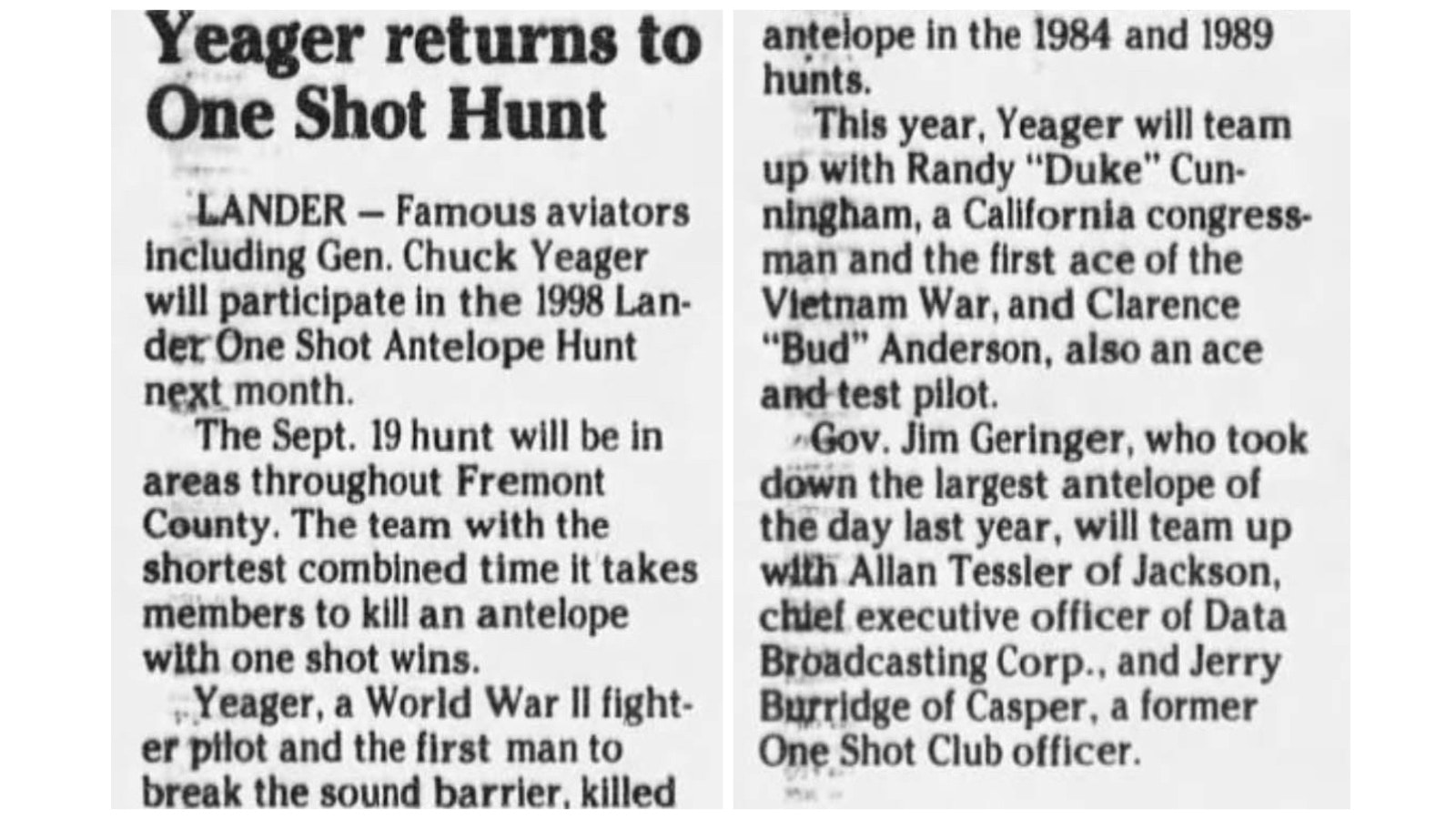 An article in the Casper Star-Tribune on Aug. 26, 1998, chronicles Chuck Yeager’s return to hunt antelope lawfully.