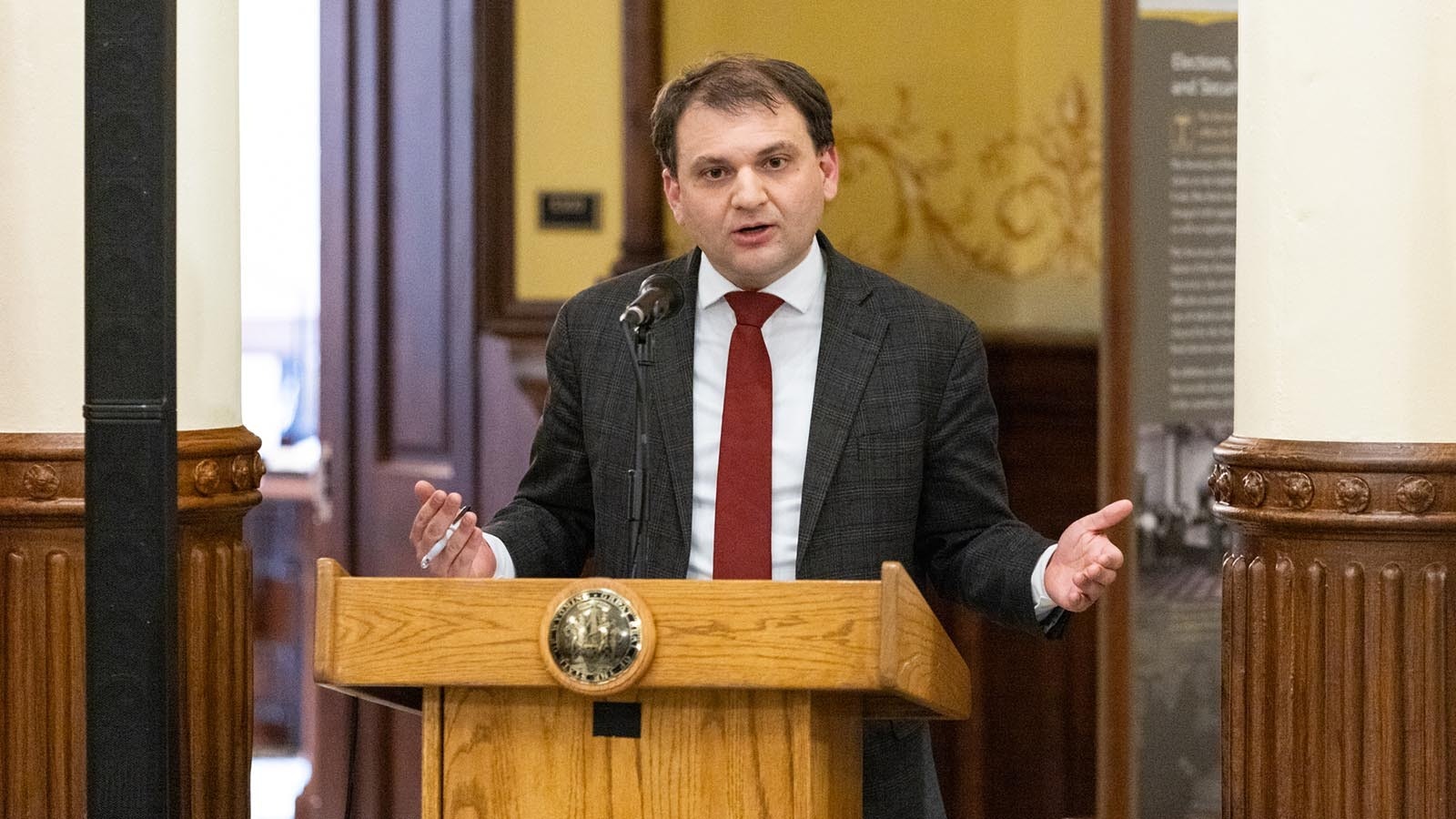 Secretary of State Chuck Gray holds a press conference March 10, 2025, calling for Weston County Clerk Becky Hadlock to be removed from office.