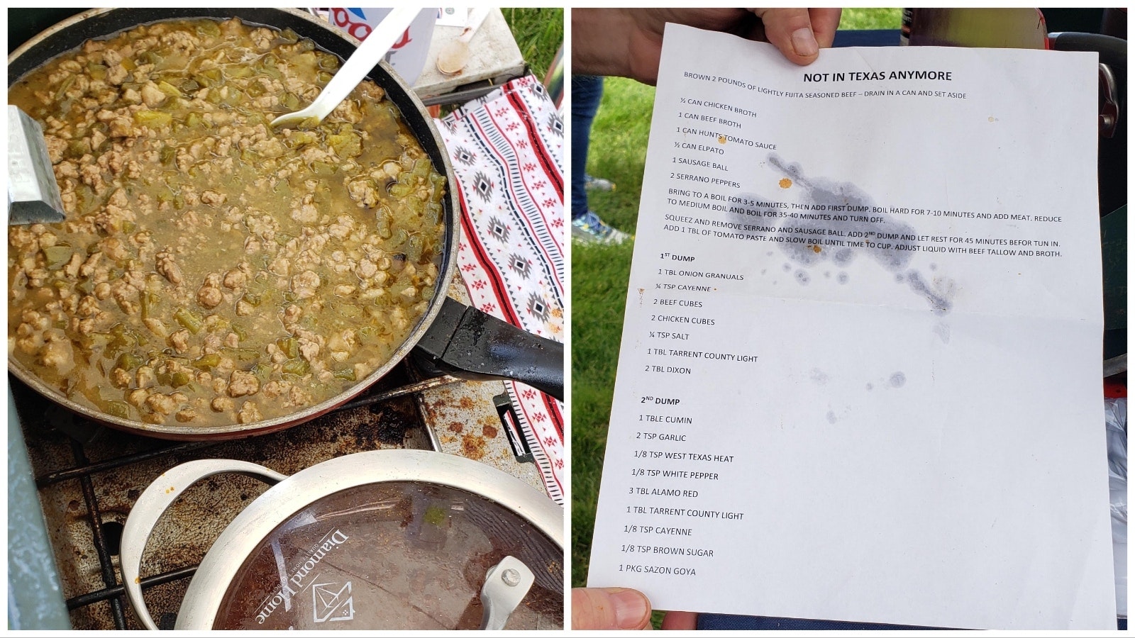 Gloria Stevens' green chili won first place, left, while her husband Mike's red chili placed third. At right, Jerry Ford's recipe that won second place at the Chugwater Chili Cookoff.