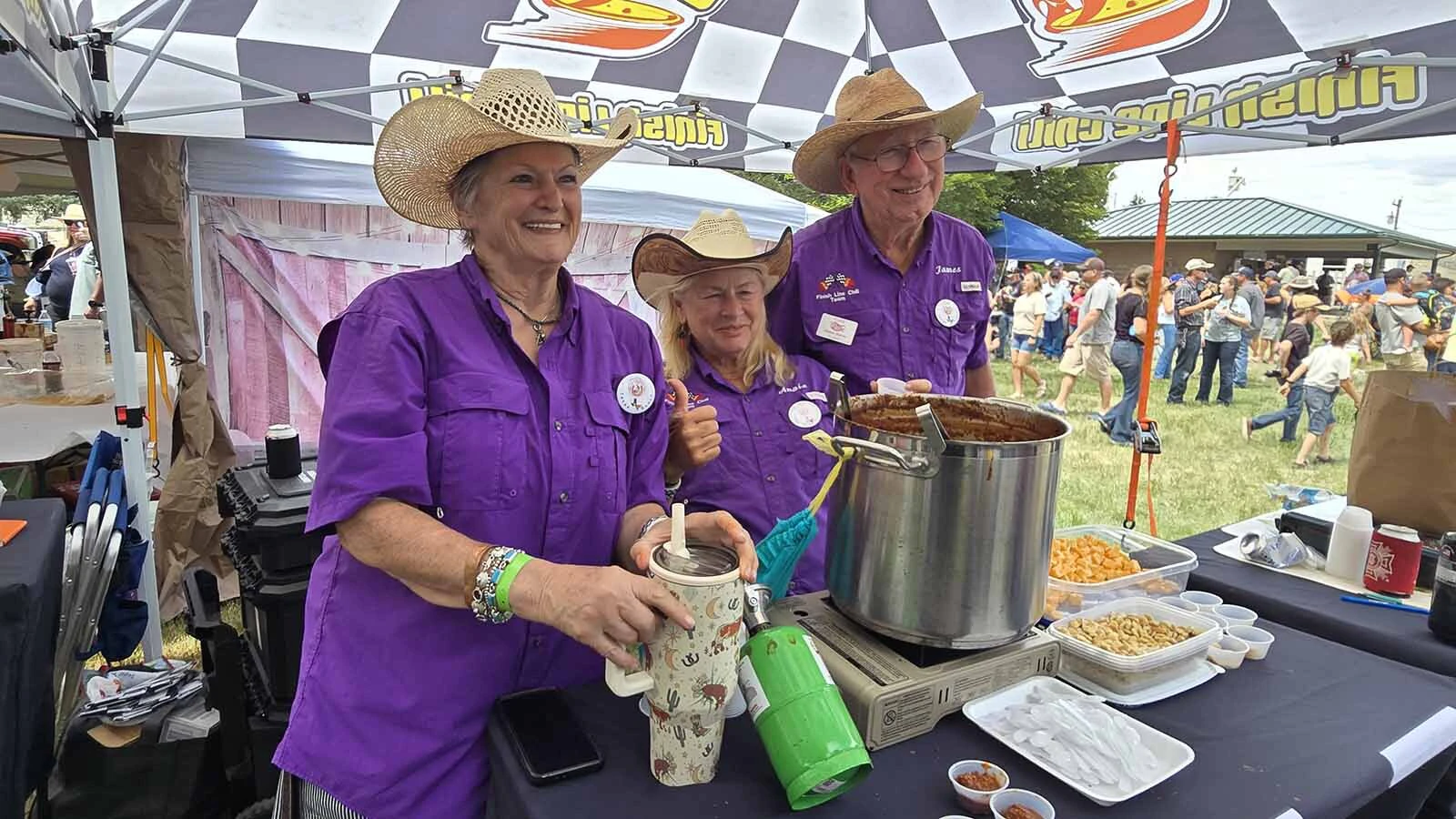 From left Sherree Nichols and Angie Gaines are enjoying their first-ever Chugwater Chili Cook-off with James Burns, who attended his first Chugwater event in 2016. The event in the tiny town has become a bucket-list item for some of the world's best chili cooks.