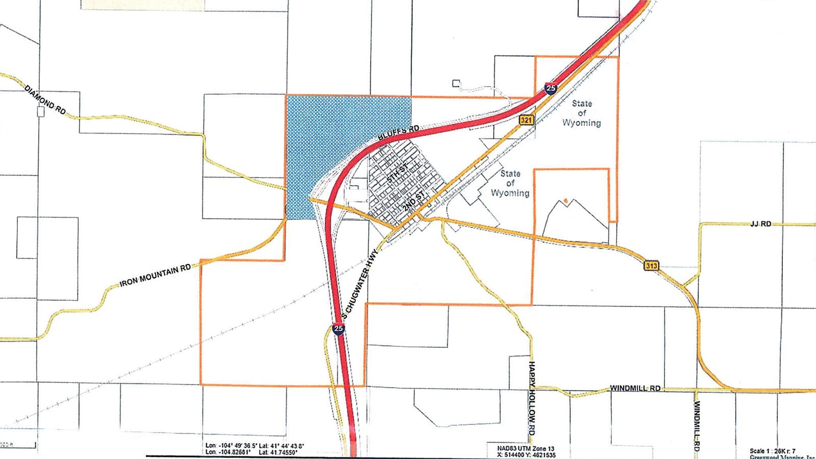 This map shows the area shaded in blue west of Interstate 25 where three landowners want to de-annex 172 across from the town of Chugwater, Wyoming.
