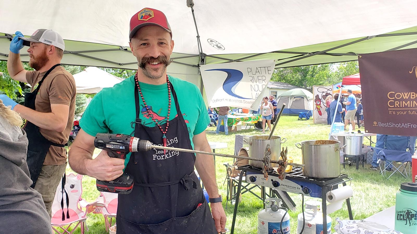 Making 10 gallons of salsa required a few adjustments. Instead of a hand mixer, Jeremy Hugus uses this paint mixer instead, cleaned and sanitized first, of course.