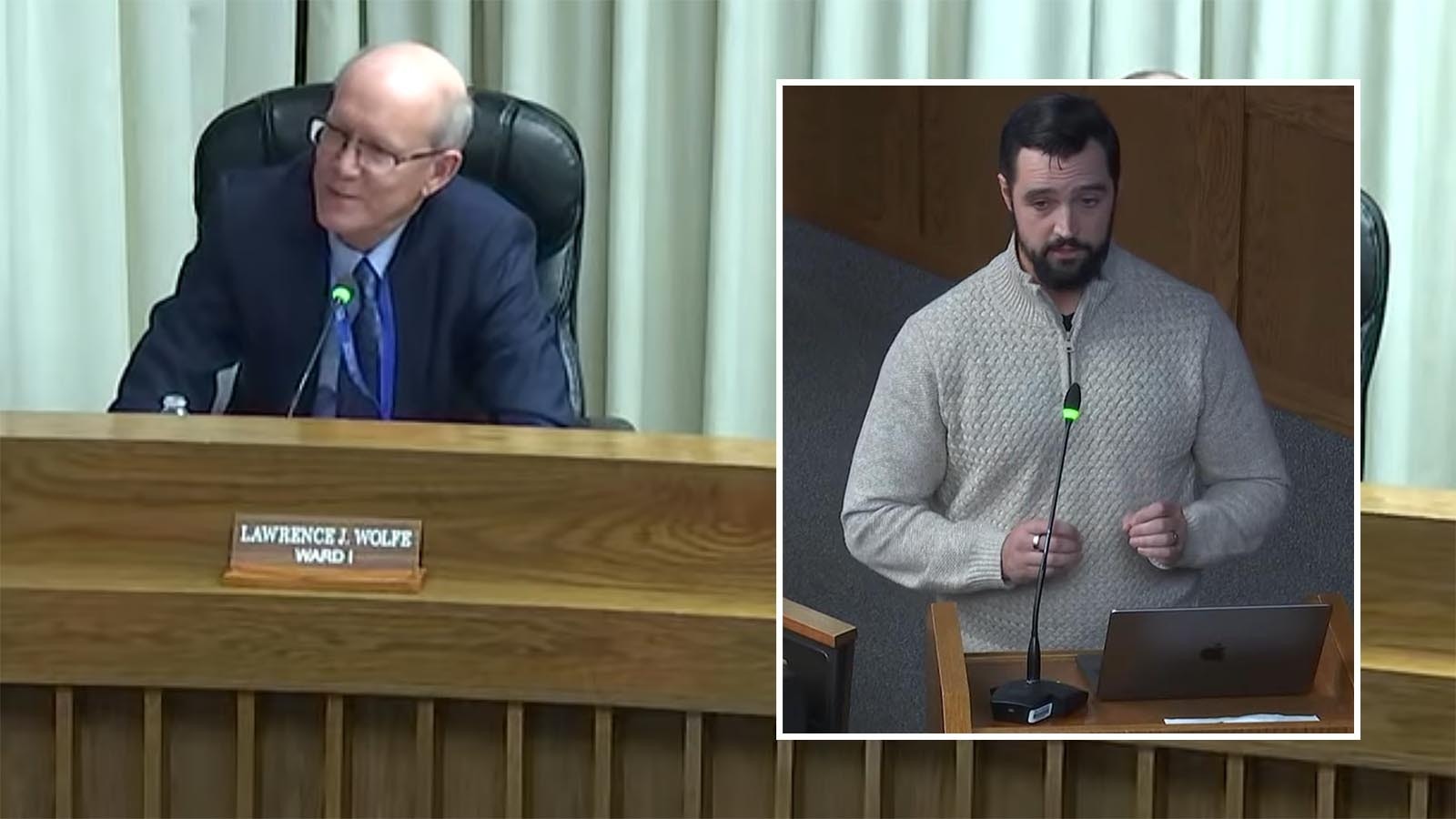 Cheyenne City Councilman Lawrence Wolfe, left, was cut off by others on the council Monday when he started questioning Caleb Wilkins, inset, about litigation he's involved in against the city. Wilkins had just finished giving public comment on the issue of expanding administrative warrants.