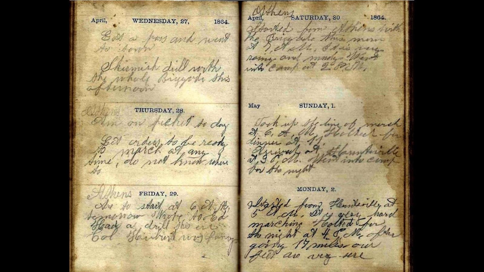 John Prentice made daily entries in his diary for four years describing his time in the Civil War. The diaries were water damaged and have faded with age.