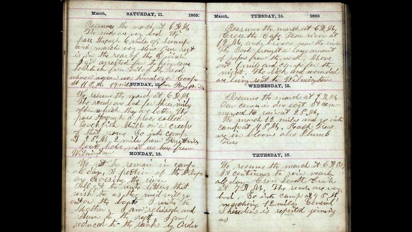 John Prentice made daily entries in his diary for four years describing his time in the Civil War. The diaries were water damaged and have faded with age.