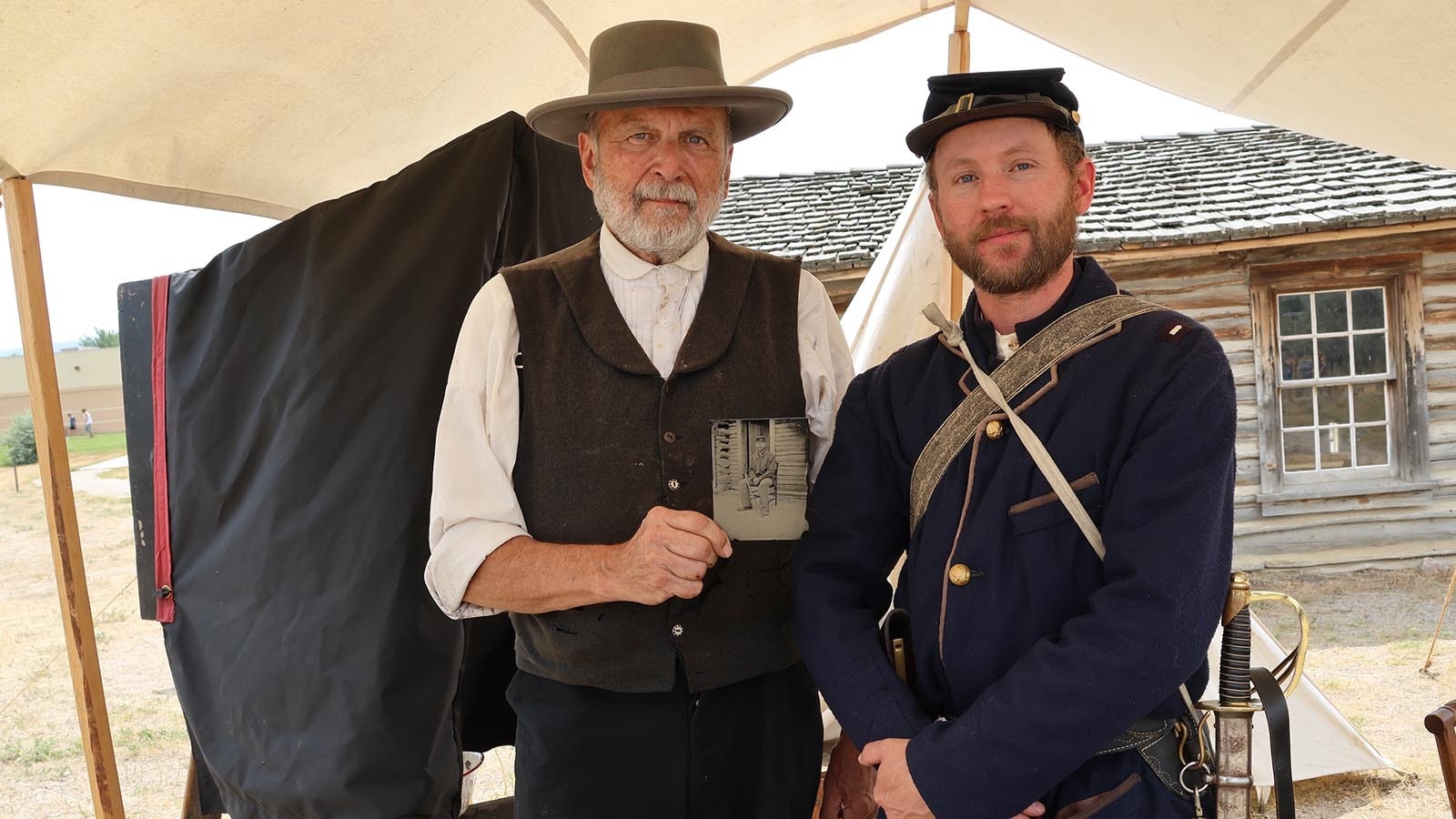 Robert Szabo shows an image he created of Casper author and historian Con Trumbull, who reenacts the role of a cavalry lieutenant in the 1860s West.