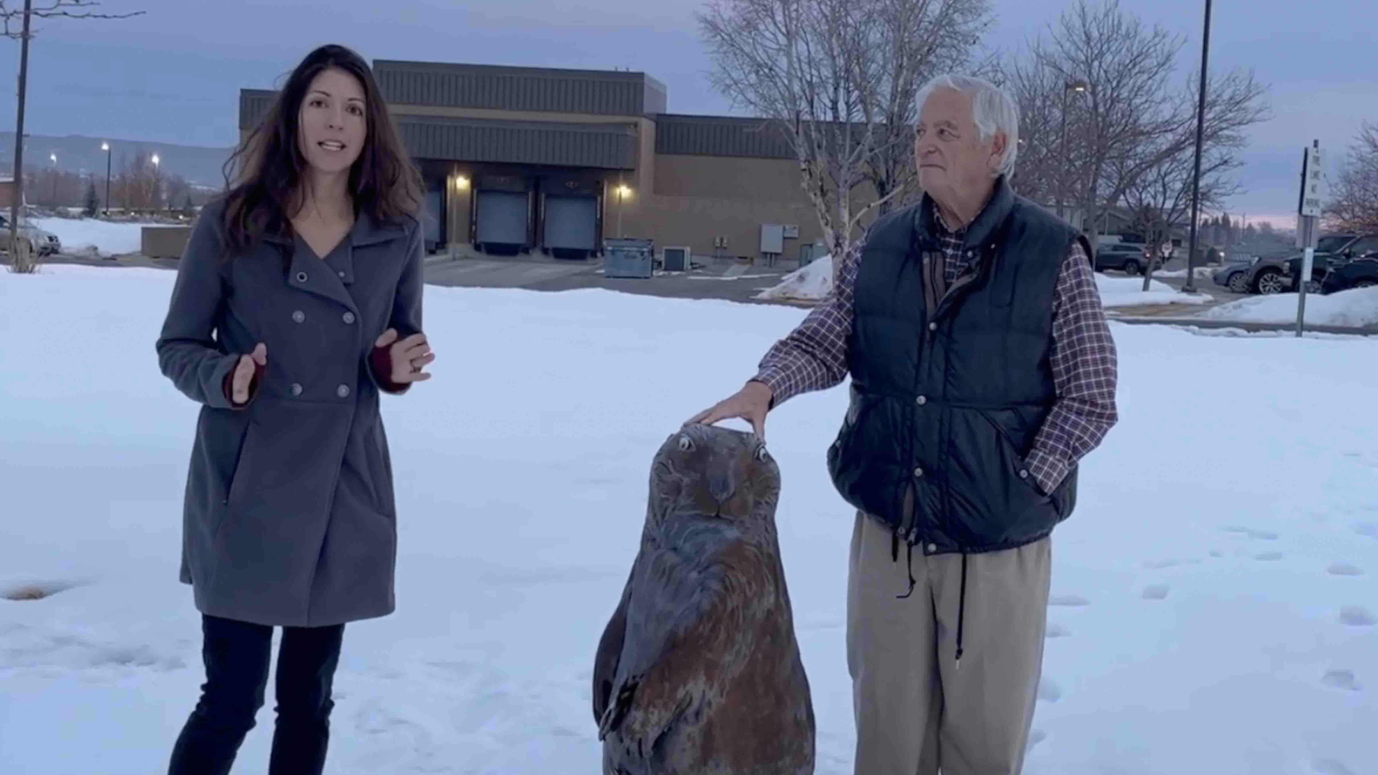 Cowboy State Daily reporter Clair McFarland and columnist Bill Sniffin with Lander Lil early Friday morning to witness of Wyoming's most famous prairie dog would see her shadow. She didn't.