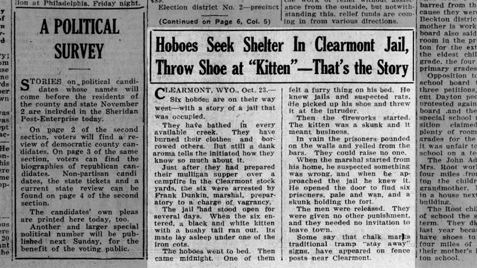 The Sheridan Post-Enterprise’s Oct. 24, 1926, edition carried the story of the Clearmont Jail and some hoboes on its front page.