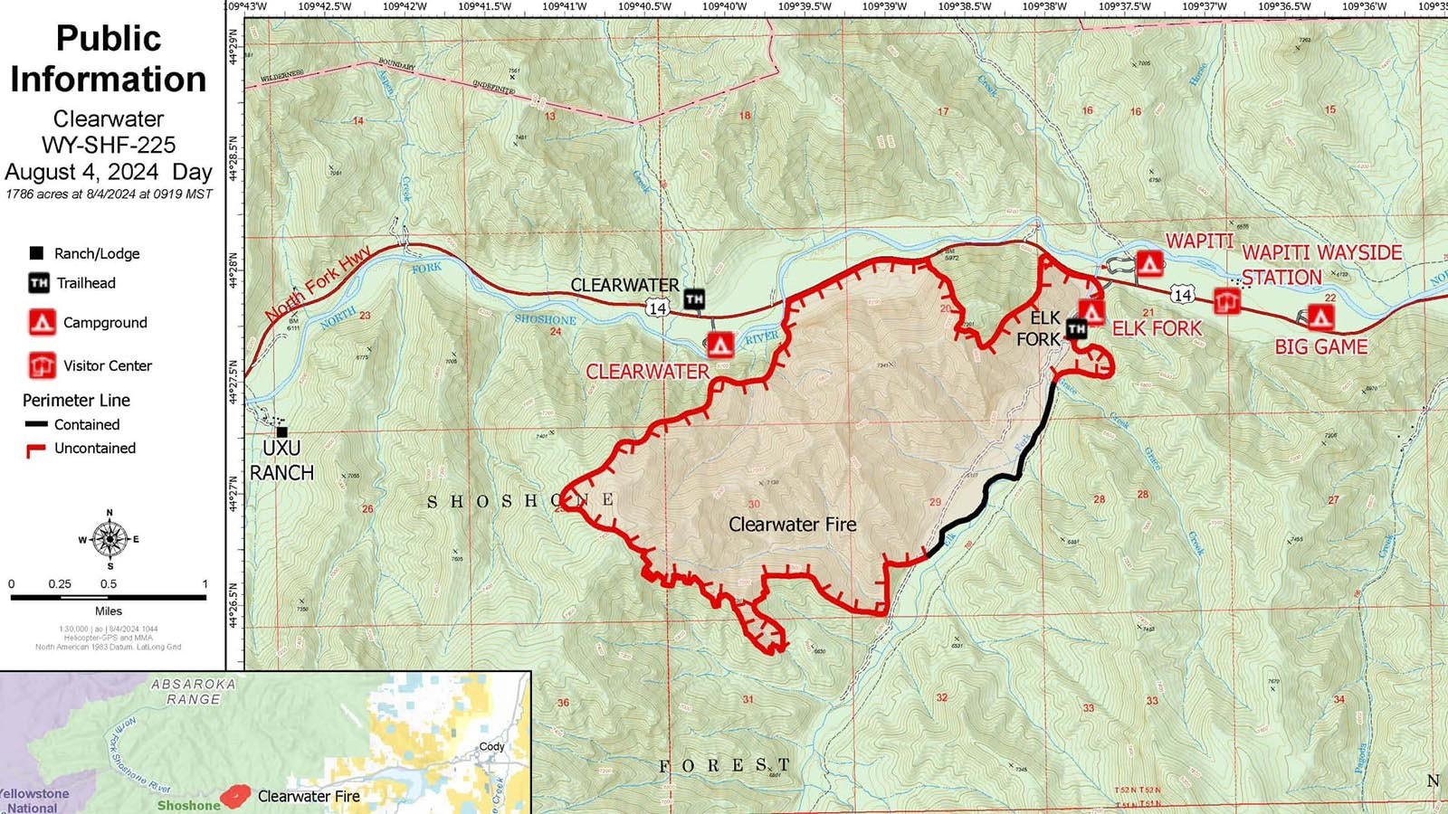 The Clearwater fire continues to burn in the rugged terrain of the Shoshoni Naitonal Forest near the East Entrance to Yellowstone.