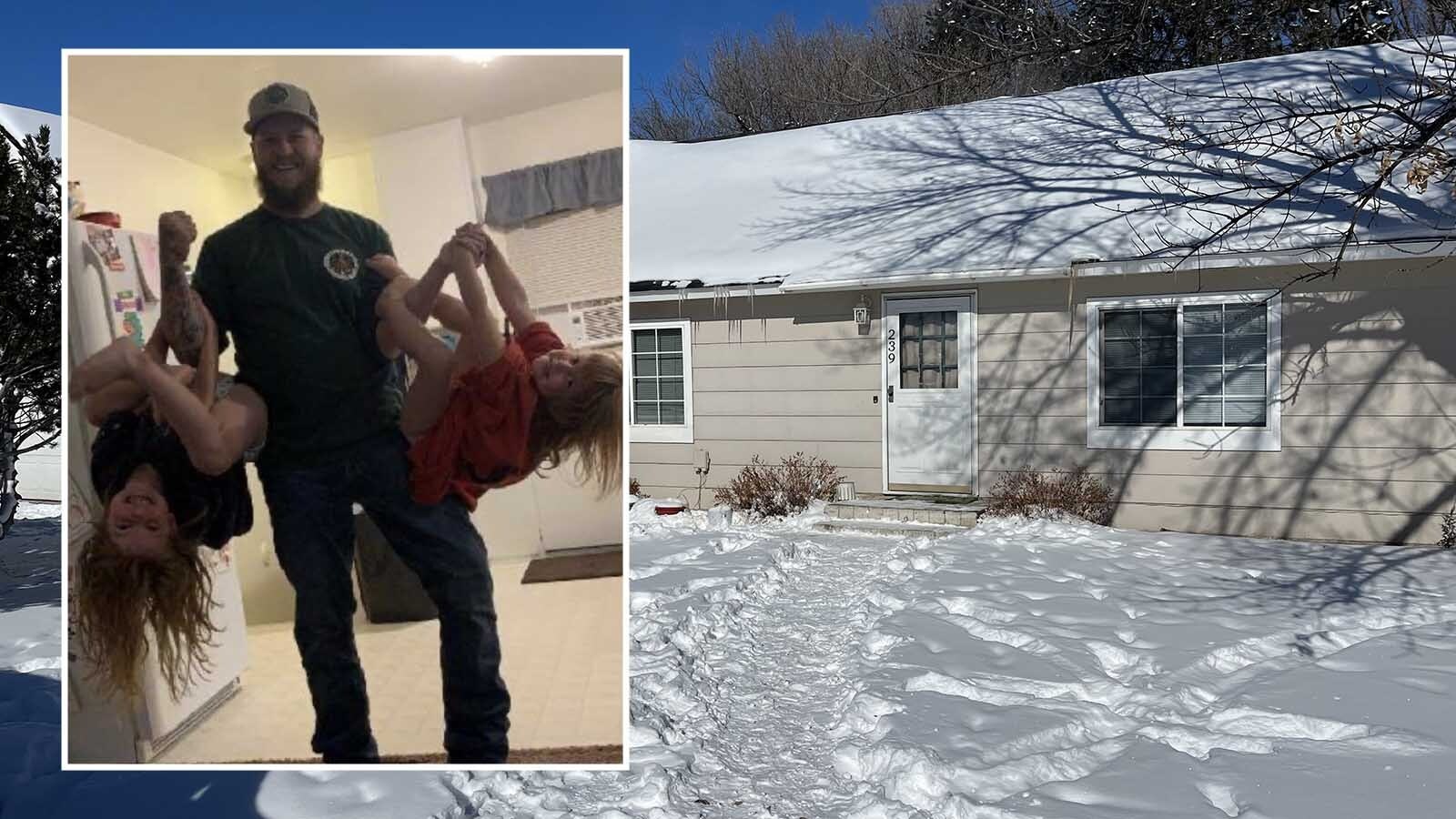 Cliff Harshman with his stepdaughters Olivia and Brailey, and their home in Byron, Wyoming.