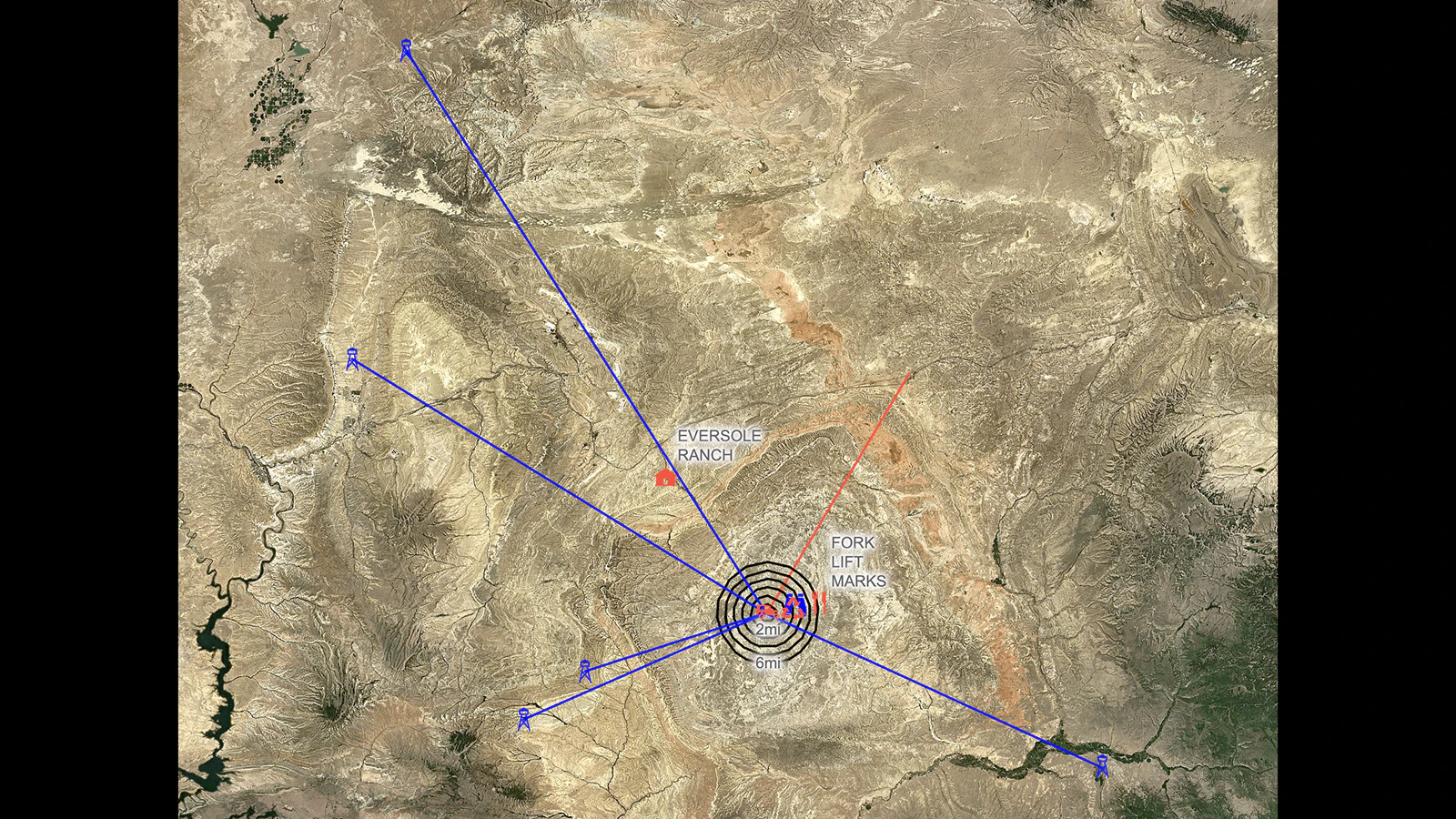 The areas where Clifford "Russ" Haux was last seen by his rig mate on Nov. 26, 2003, driving along a ditch and where his purple Ford Ranger was found 6 miles away two years later. The proximity of these locations also includes the working oil rigs in the area at the time on which Haux may have been working. 