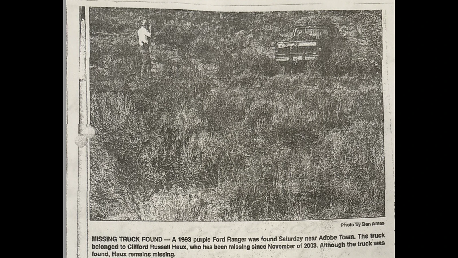 The image of Clifford "Russ" Haux's abandoned 1993 purple Ford Ranger pickup found among the scrubby brush near Adobe Town in the Red Desert in southwest Wyoming is a haunting image for his family. 