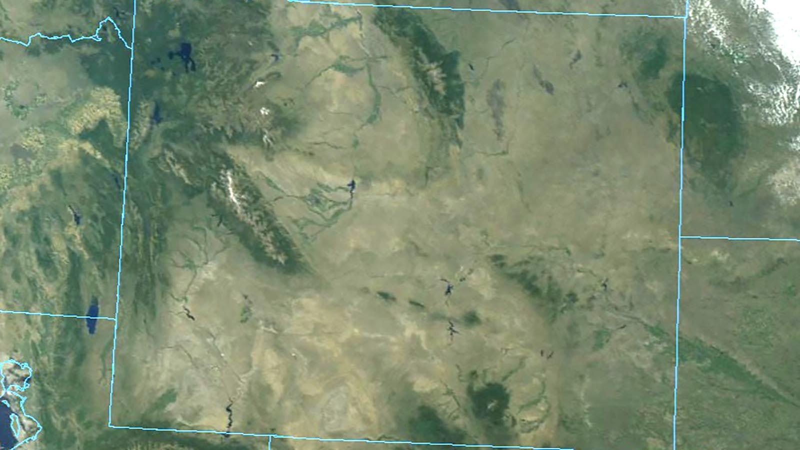 A satellite image showing no clouds over any part of Wyoming.