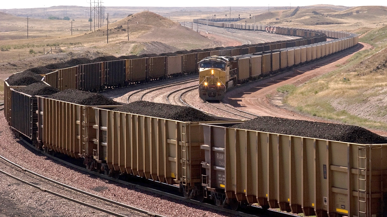 Long coal trains pull in and out of the North Antelope Rochelle mine in Campbell County, Wyoming.