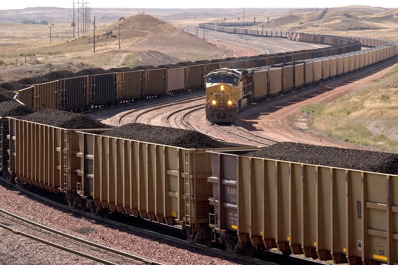 Long coal trains pull in and out of the North Antelope Rochelle mine in Campbell County, Wyoming.