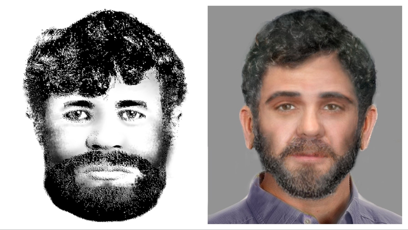 Left, the facial profile of "Coal Train Carlos" in his NamUs report. Right, “Coal Train Carlos” lifelike portrait created by California accountant Carl Koppelman, who has made it his mission to create lifelike drawings of the unnamed to help locate their loved ones.