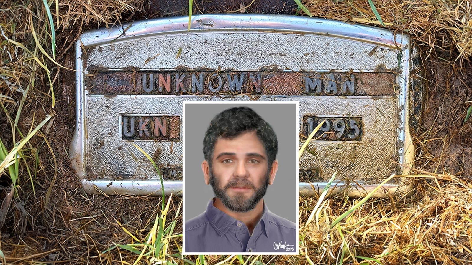 For nearly 30 years, the cremains of an unidentified man known as Coal Train Carlos has been buried in this grave marked "Unknown Man" at Mount Pisgah Cemetery in Gillette, Wyoming. His body was found frozen in a railcar at a Campbell County coal mine in 1995. This lifelike portrait of what he may have looked like was done by Carl Koppelmqn of California.