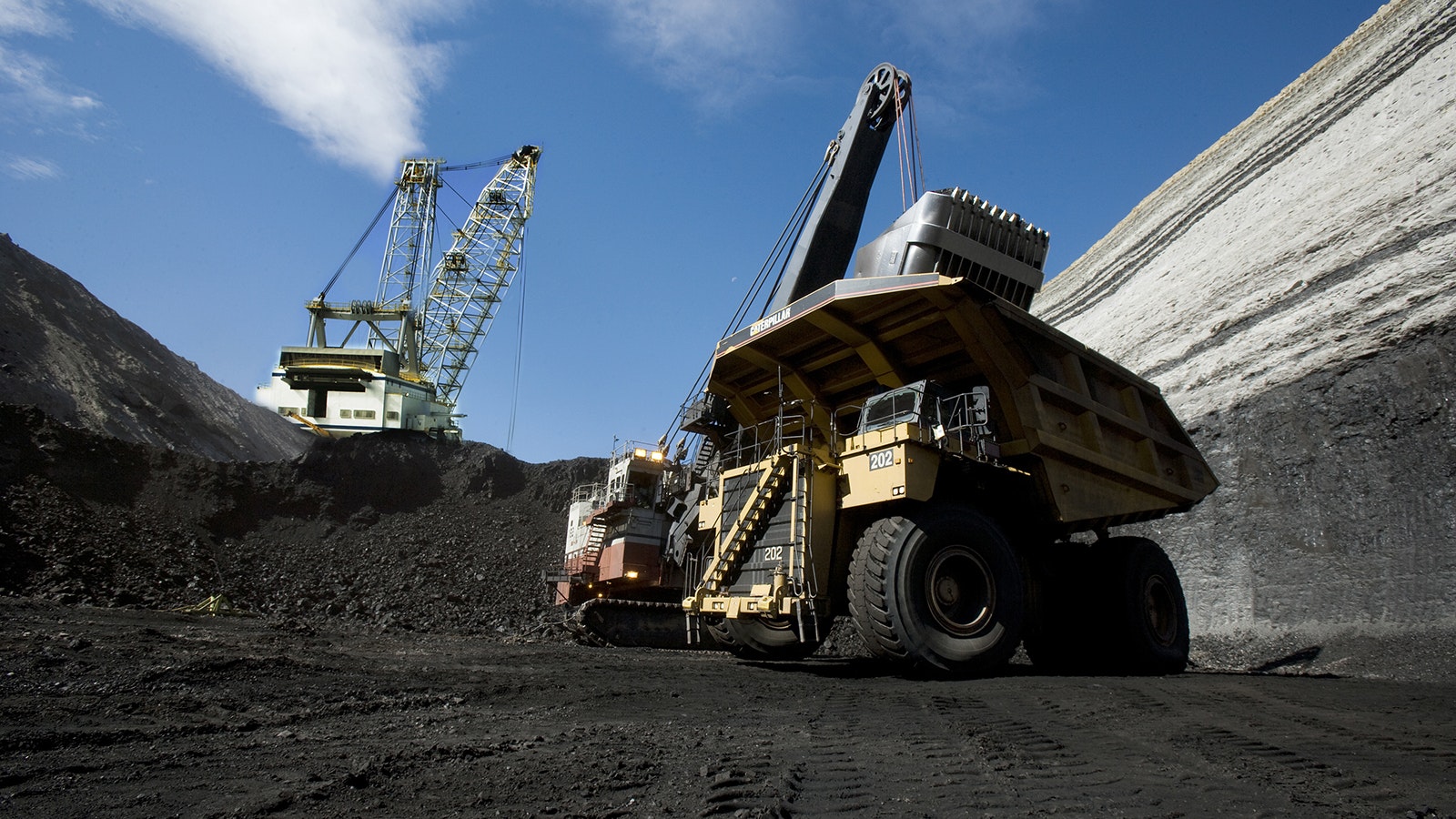 A giant coal shovel fills a huge haul truck at Peabody Energy's North Antelope Rochelle mine in Wyoming's Powder River Basin.