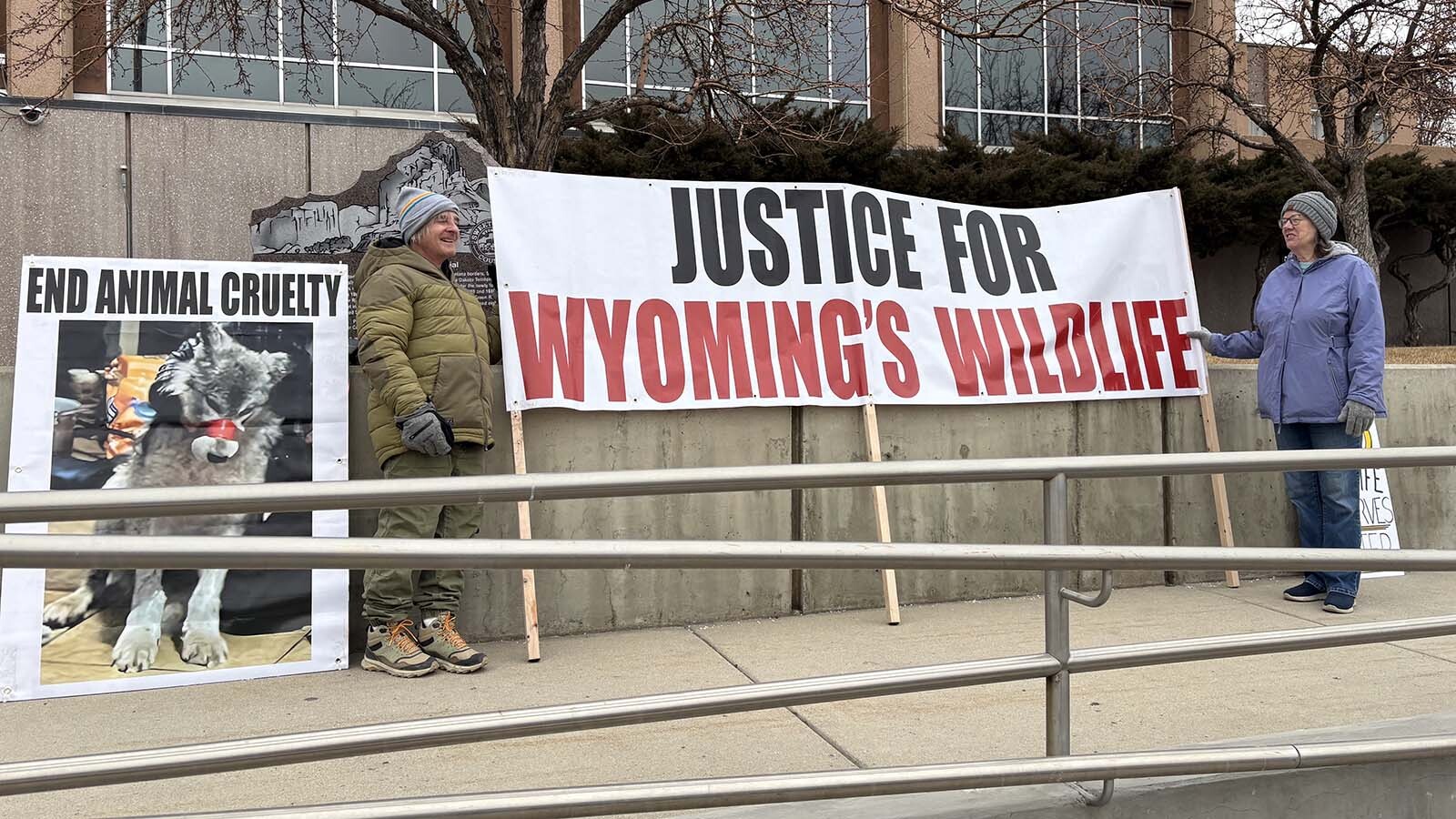 A small protest ranging from four to six people at any given time convened over the lunch hour between Sweetwater County District Court and the busy Green River thoroughfare on which it sits, moments before a Jan. 28, 2026, motions hearing for Cody Roberts. Protestors said they want to change Wyoming’s laws and attitude to instill more respect for wildlife, including predators.