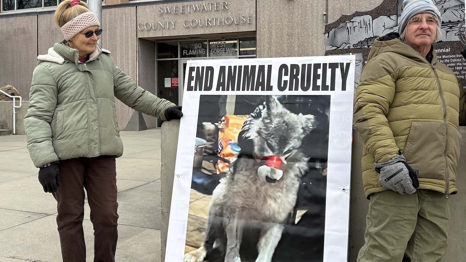 A small protest ranging from four to six people at any given time convened over the lunch hour between Sweetwater County District Court and the busy Green River thoroughfare on which it sits, moments before the motions hearing of Cody Roberts. Protestors said they want to change Wyoming’s laws and attitude to instill more respect for wildlife, including predators.