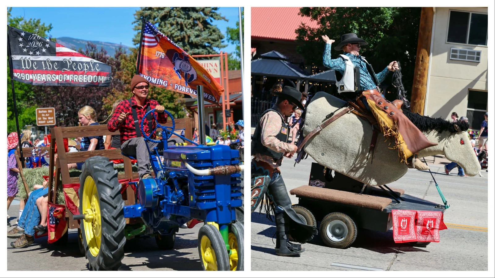 Left, a blue John Deere tractor riding down Sheridan Avenue in the 2026 Cody Stampede Parade. Right, a bronco rider in training propels himself down Cody's Sheridan Avenue.