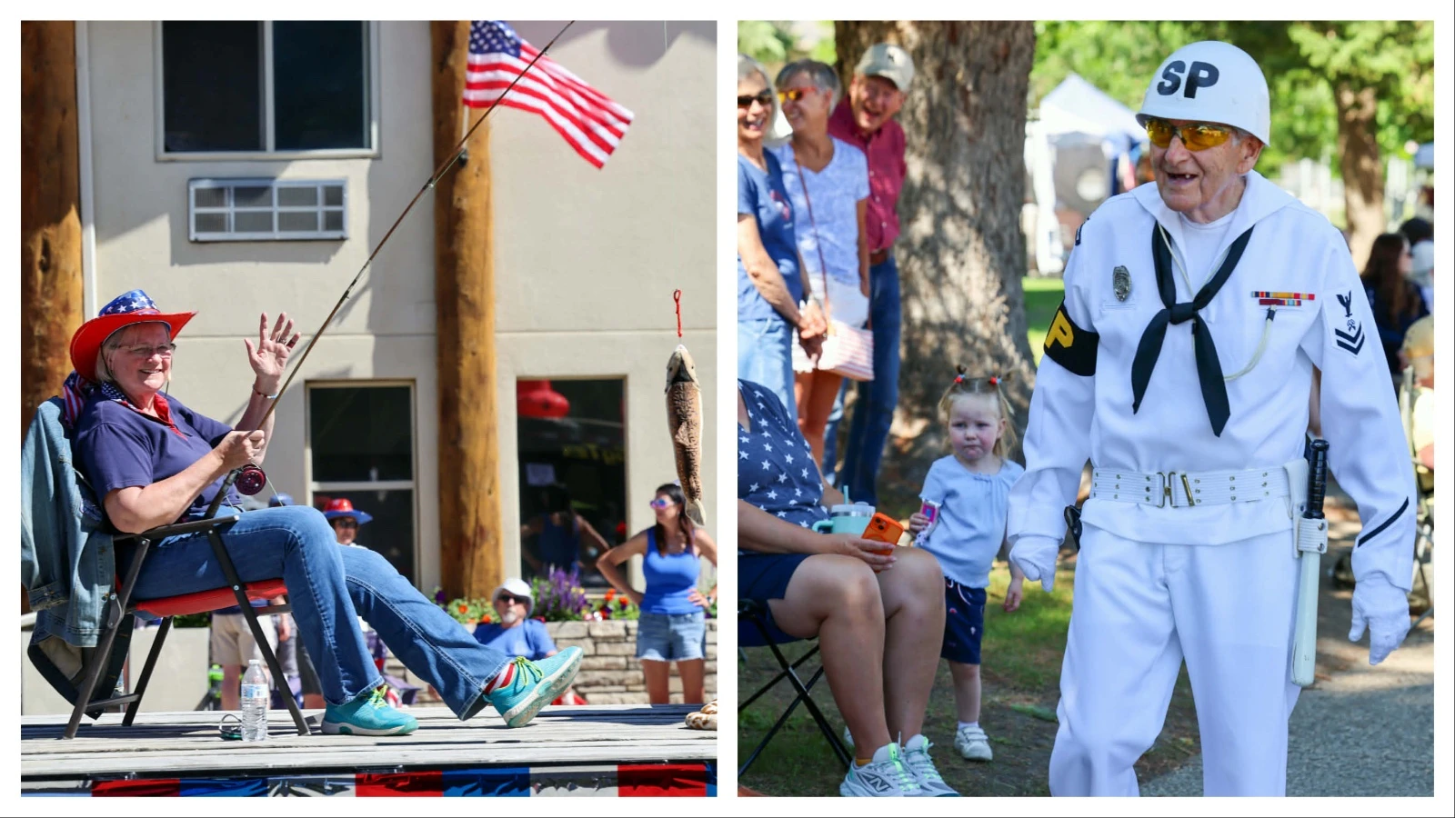 Right, a U.S. Navy veteran walks along the parade route of the 2026 Cody Stampede Parade.