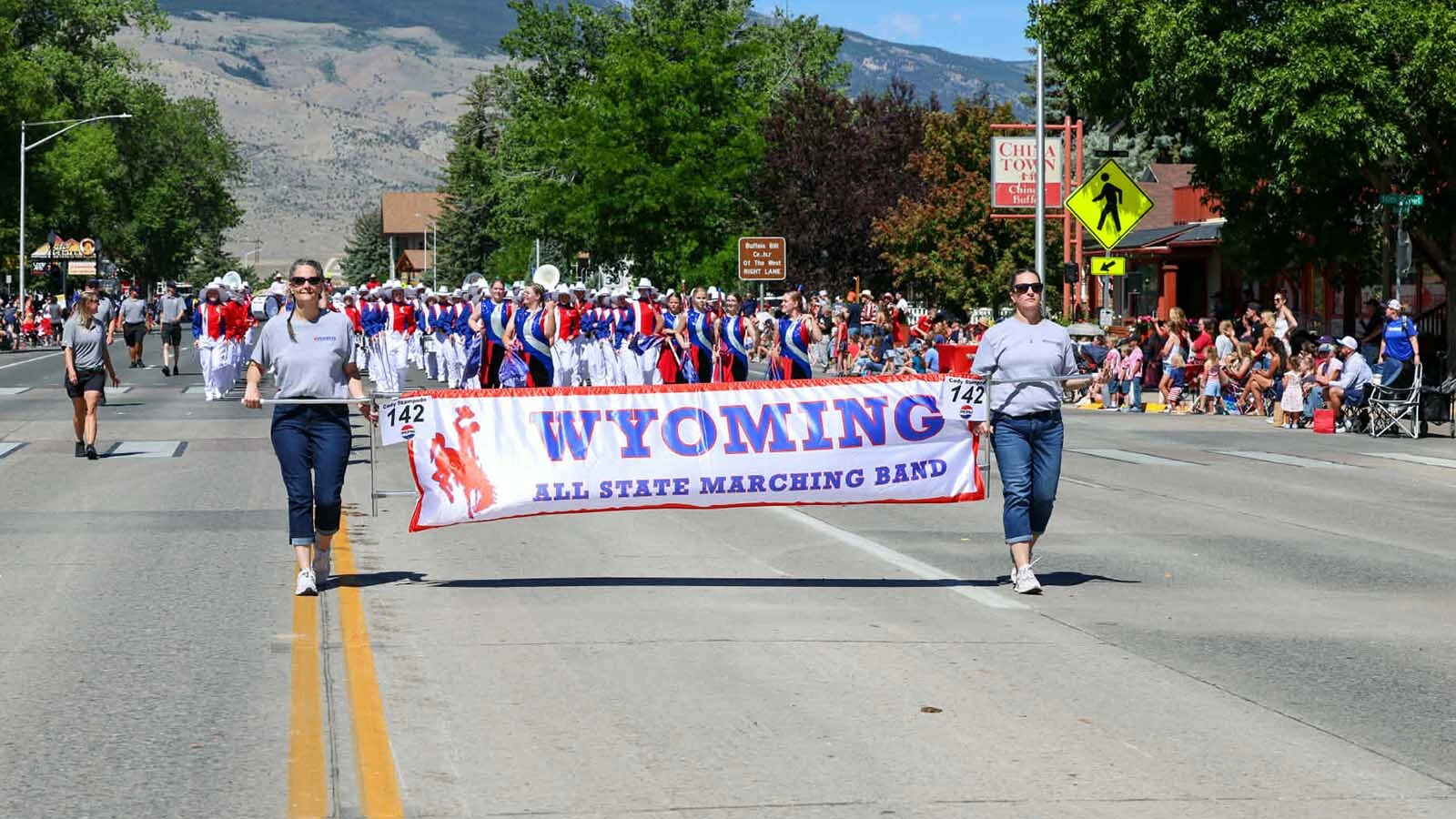 The Wyoming All State Marching Band marches down Sheridan Avenue in the 2026 Cody Stampede Parade.