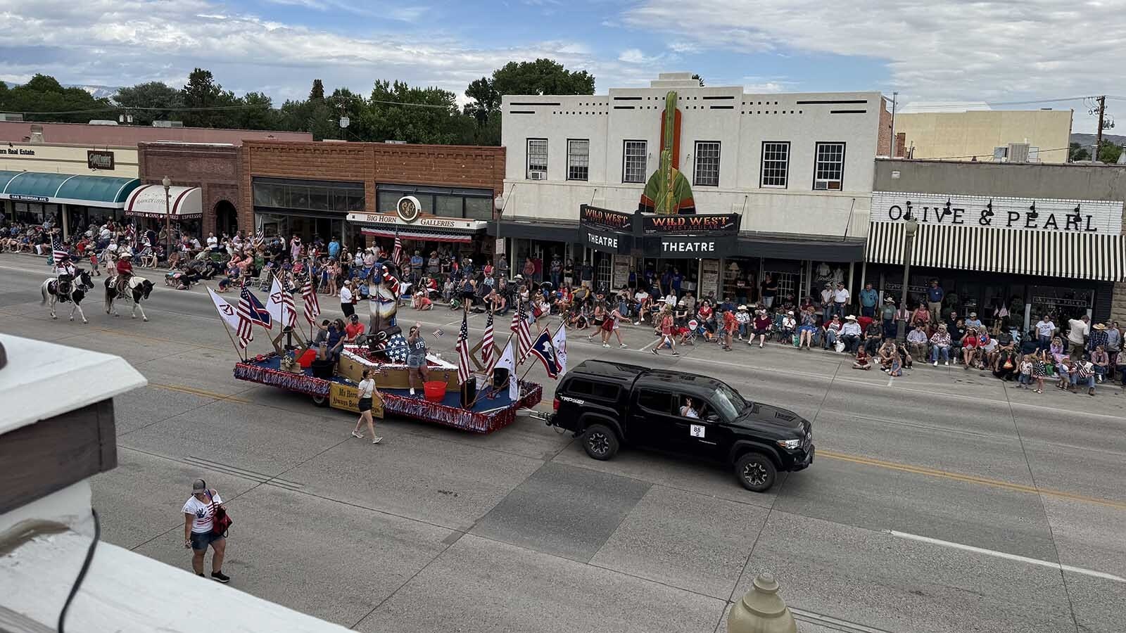 The Cody Stampede Parade as seen from the second floor balcony of the Irma Hotel.