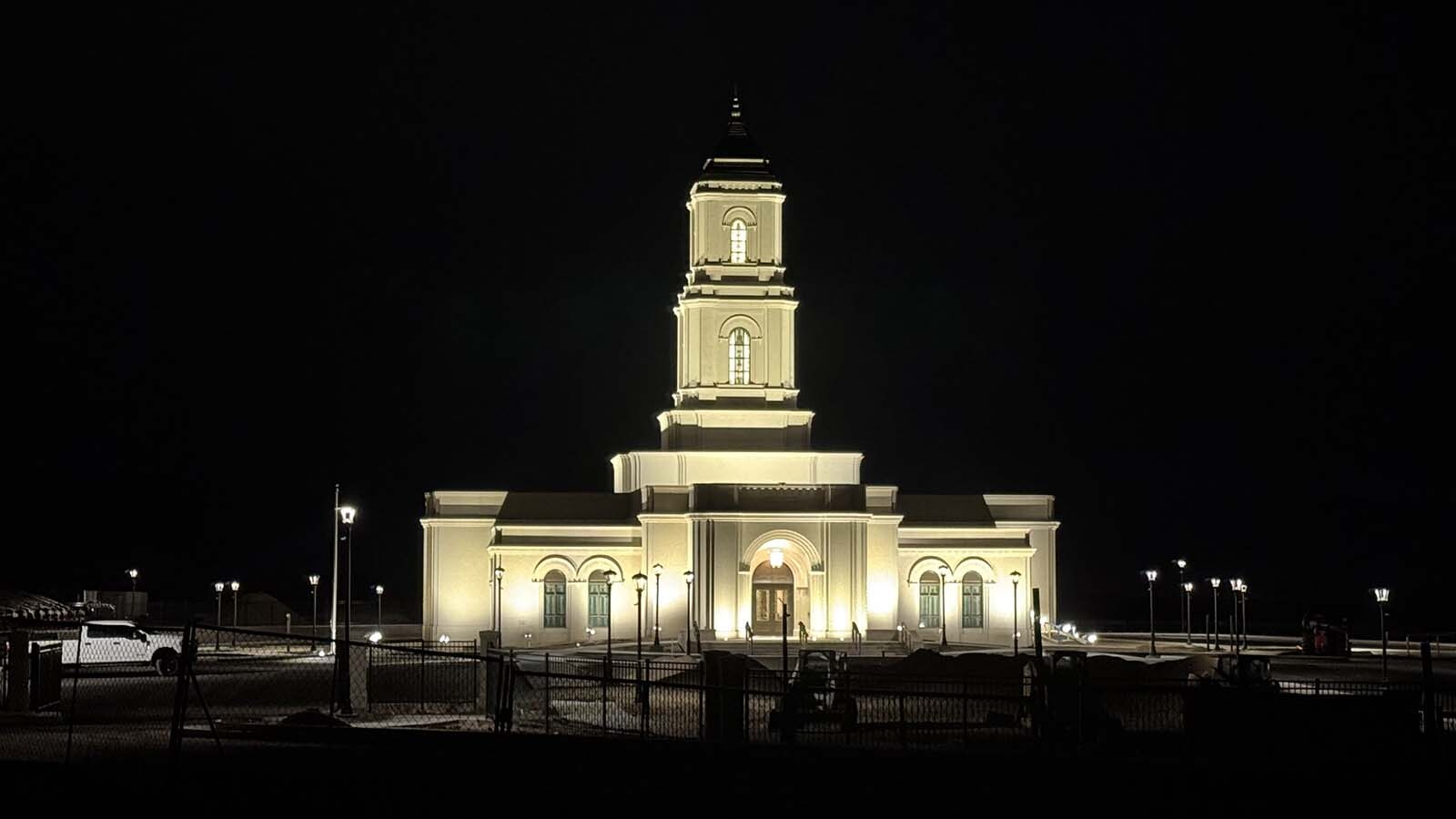 The Church of Jesus Christ of Latter-day Saints' Cody temple during its first night at full illumination. Most LDS temples are lit 24 hours a day, which makes Cody residents concerned about its potential impacts on adjacent properties and the night sky. 