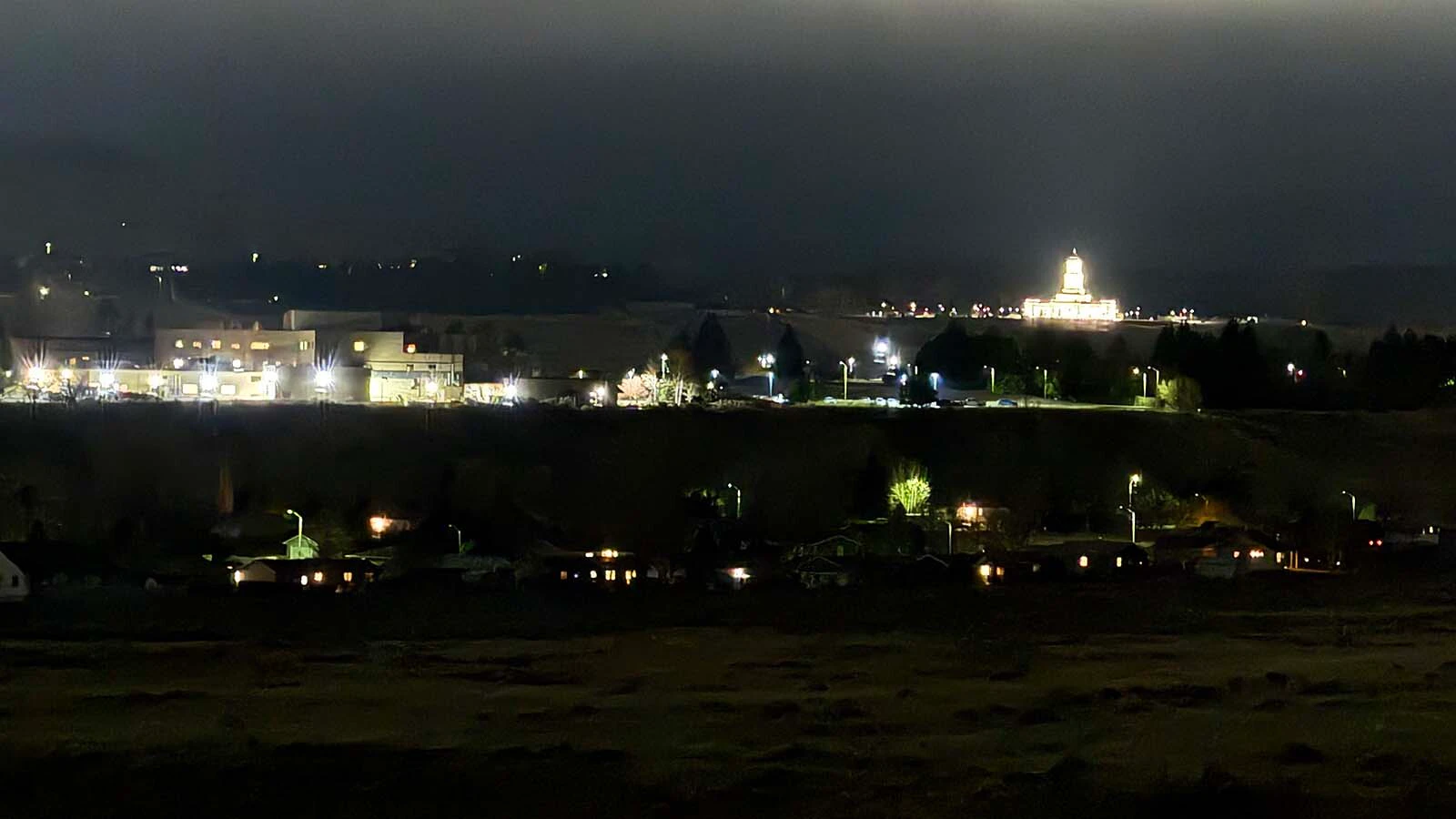 The Church of Jesus Christ of Latter-day Saints' Cody temple as seen from the north side of Cody on the night of March 31.