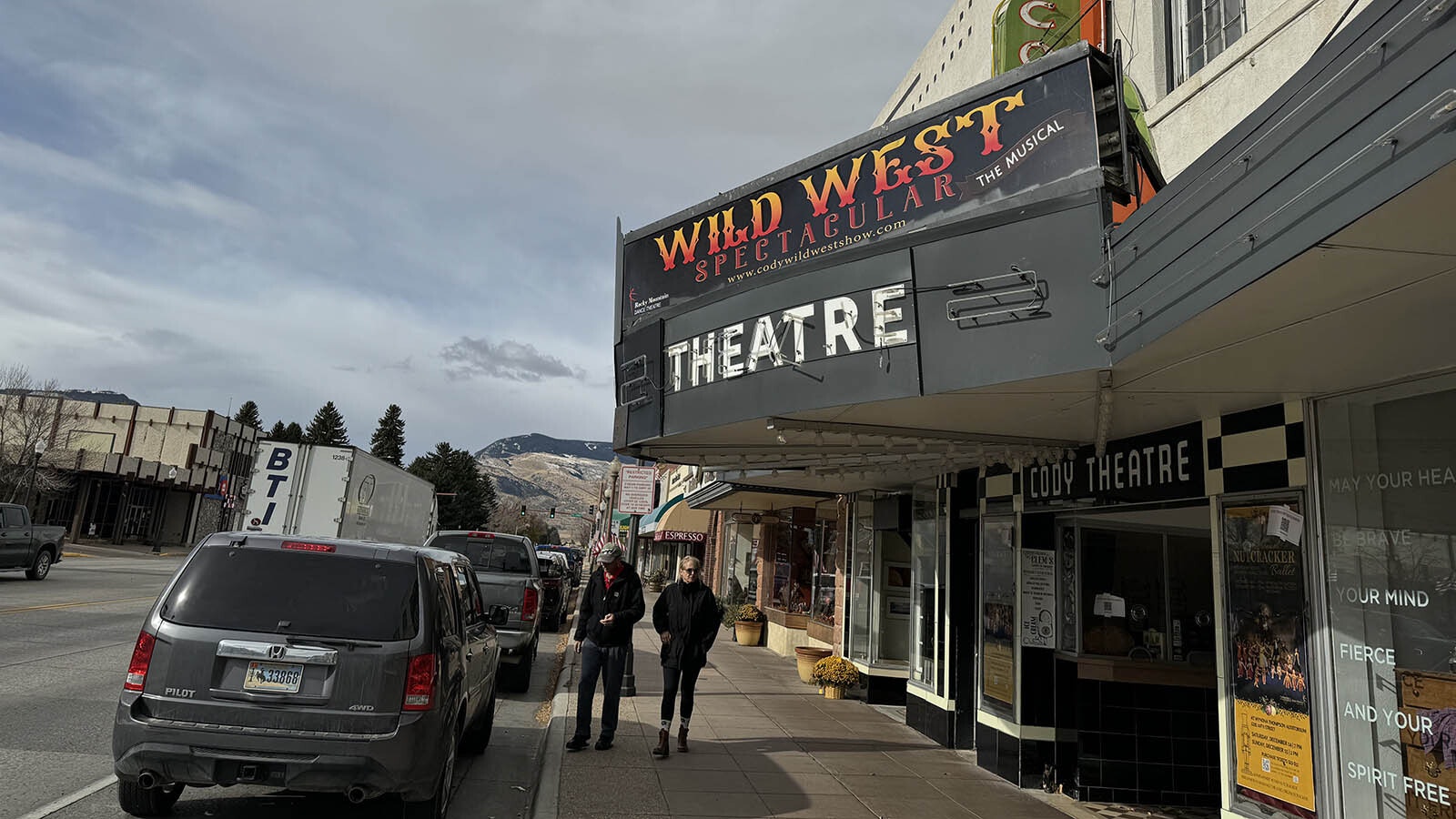 The marquee on the historic Cody Theatre would fall off the face of the building if it weren't wired on. It needs some serious repair, but needs clearance from the city and state to do it.