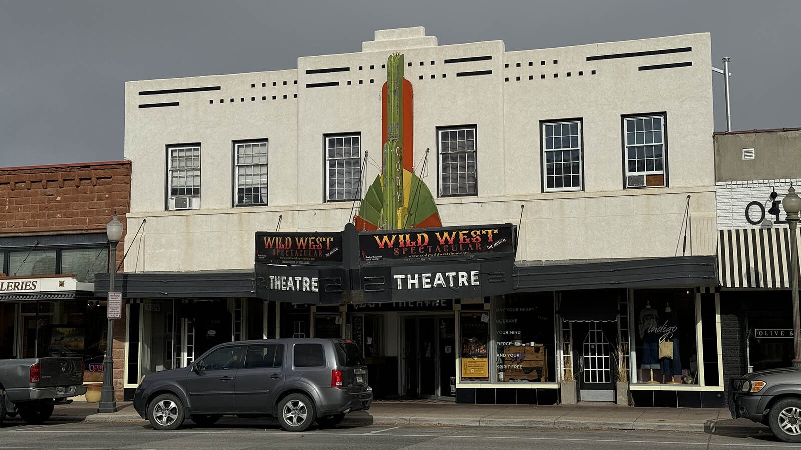 The marquee on the historic Cody Theatre would fall off the face of the building if it weren't wired on. It needs some serious repair, but needs clearance from the city and state to do it.