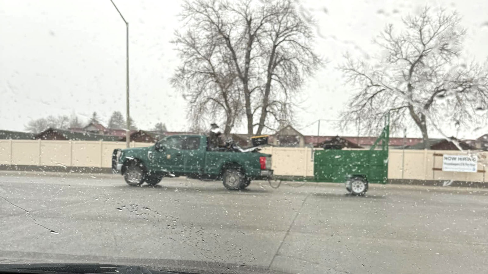 “Game and Fish on their way to trap a grizzly bear in Cody,” Matthew Thomas posted to Facebook on Wednesday as he got a photo of the green truck and trailer driving past the Holiday Inn Cody on 16th Street.