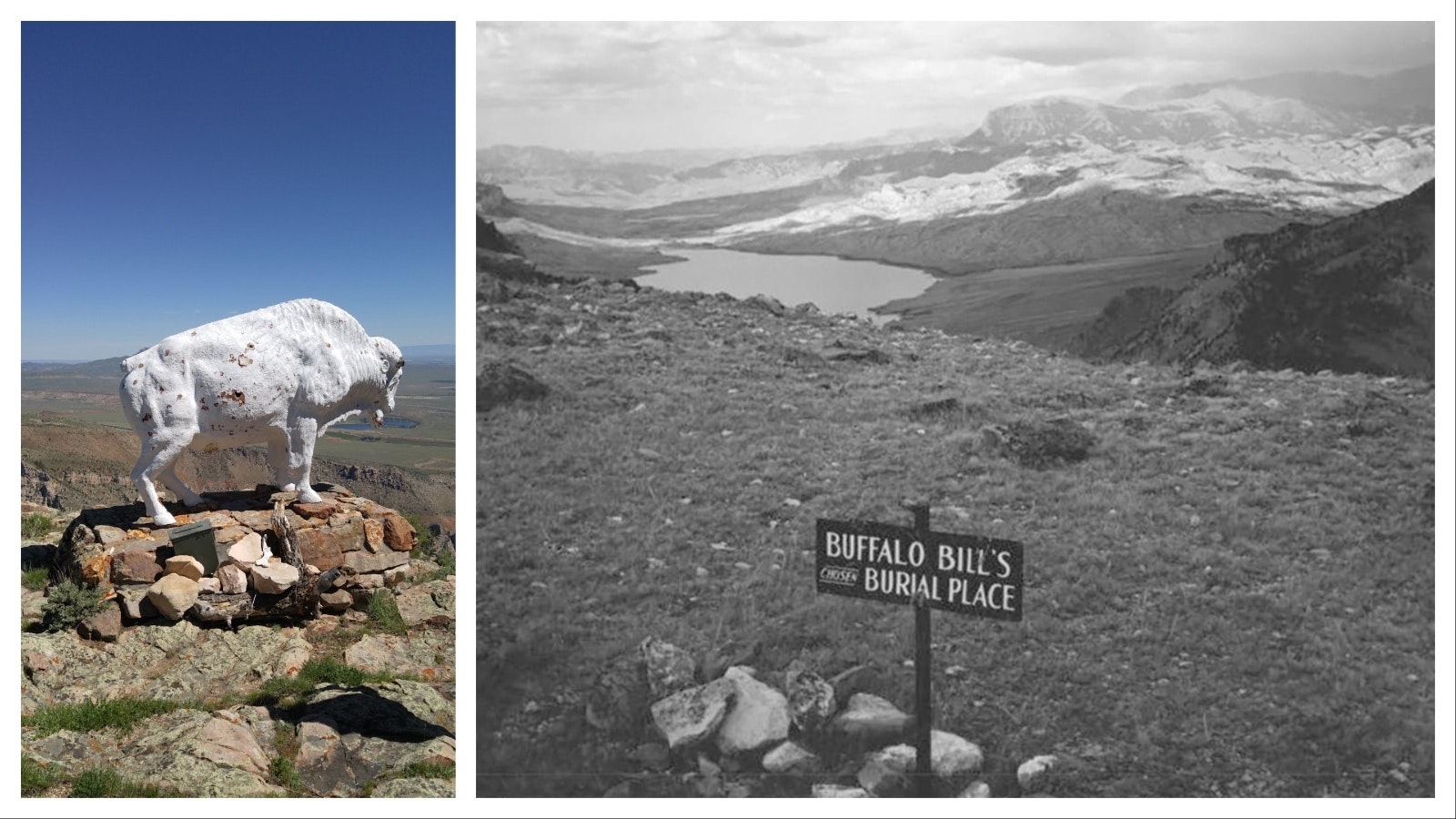 The Buffalo on Cedar Mountain overlooking Cody in honor of Buffalo Bill Cody has been shot up and vandalized over the years. Before it was put there in 1968, another marker stood showing the spot Buffalo Bill wanted to be buried.