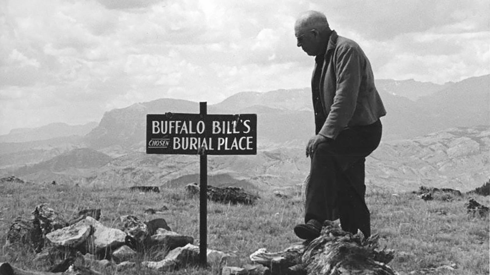 A memorial marking where Buffalo Bill wanted to be buried on the top of Cedar Mountain before the installation of the statue. Renown Cody hunter Ned Frost stands at the memorial for his friend Buffalo Bill Cody, before the installation of the buffalo statue.