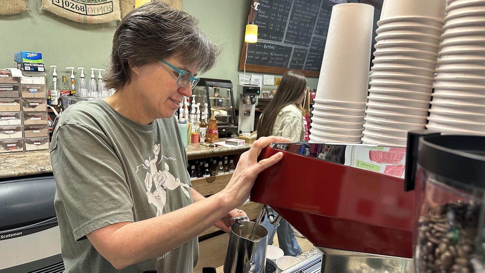 Ellen Reed prepares a specialty coffee for members of the regular coffee groups that meet everyday in her shop in downtown Thermopolis. She said it is a revolving door of groups who meet each day.