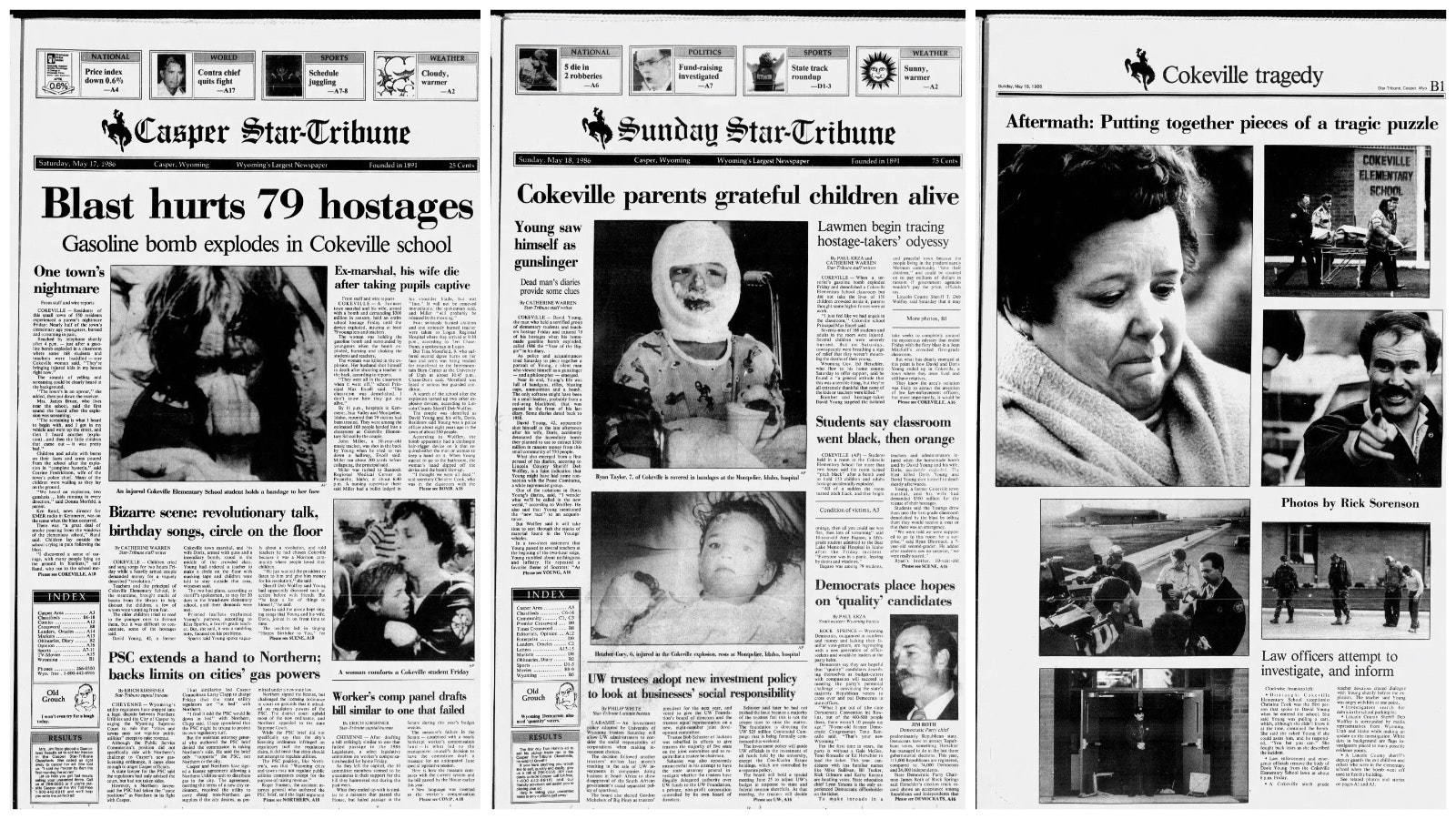 Front pages of the Casper Star-Tribune from the day after, Saturday, May 17, 1986, left; and May 18, 1986, center and right.