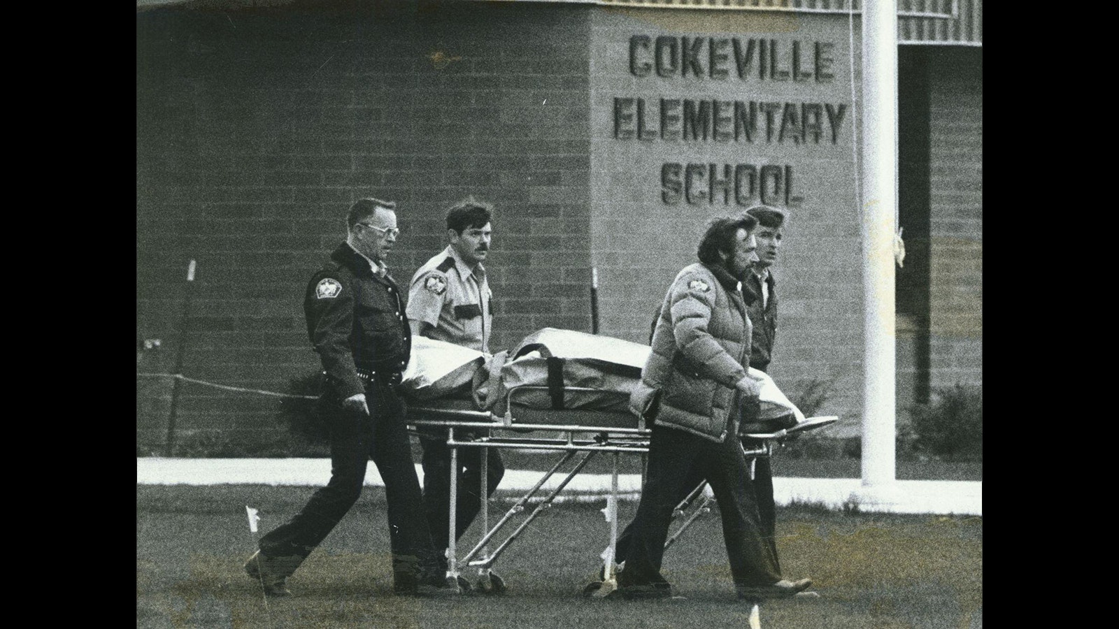 The body of Doris Young is removed by officials after the Cokeville Elementary School hostage situation on May 16 1986.