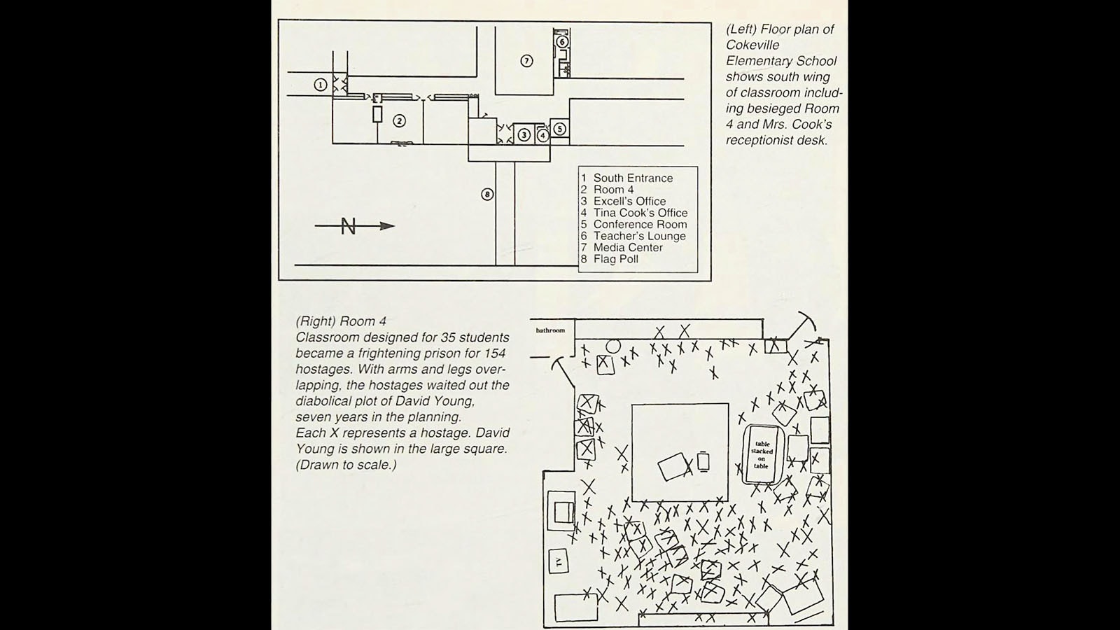 This diagram of the school and Room 4 in Cokeville Elementary shows how 154 hostages were crammed into a classroom designed for 35 students. The bomber, David Young, is represented by the X in the large square in the middle of the room.