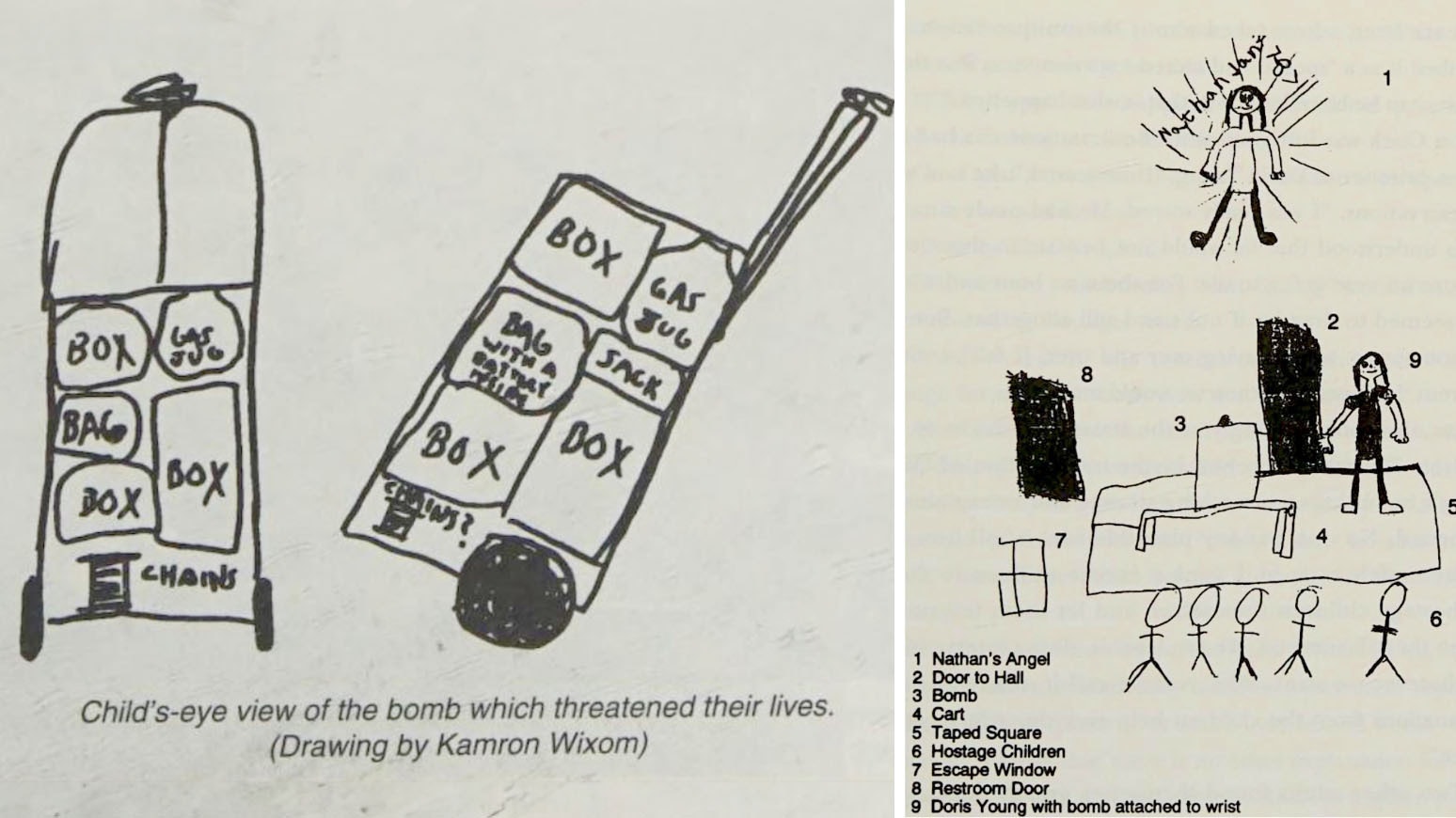 Drawings depicting scenes from the Cokeville Elementary School bombing from "The Cokeville Miracle" by Hartt and Judene Wixom. Left is a drawing of the cart filled with explosives and other ordinance. Right is a drawing by Nathan Hartley, which shows the scene, along with the angel he saw.