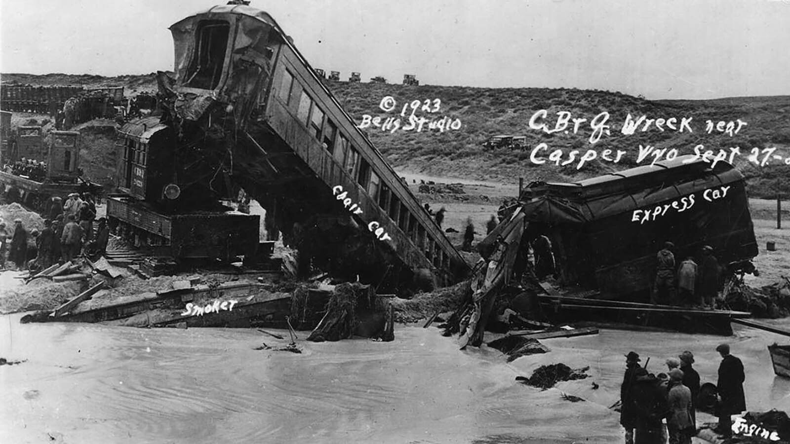 The Cole Creek train disaster was the worst in Wyoming’s history. The engine can bee seen on its side at lower right.