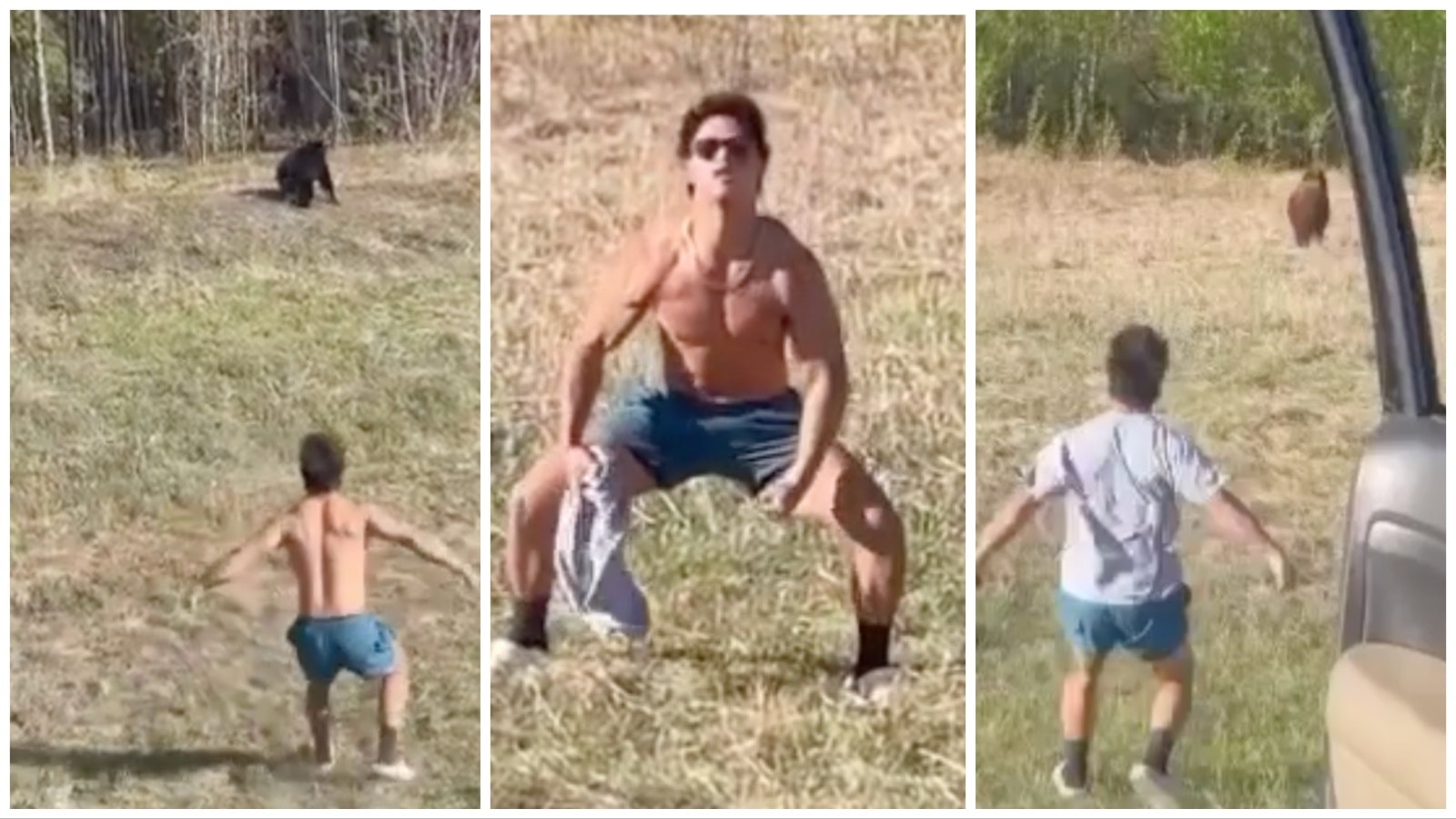 These images for a video show a man charging at a bear in Yellowstone, then flexing after the bear ambles off.